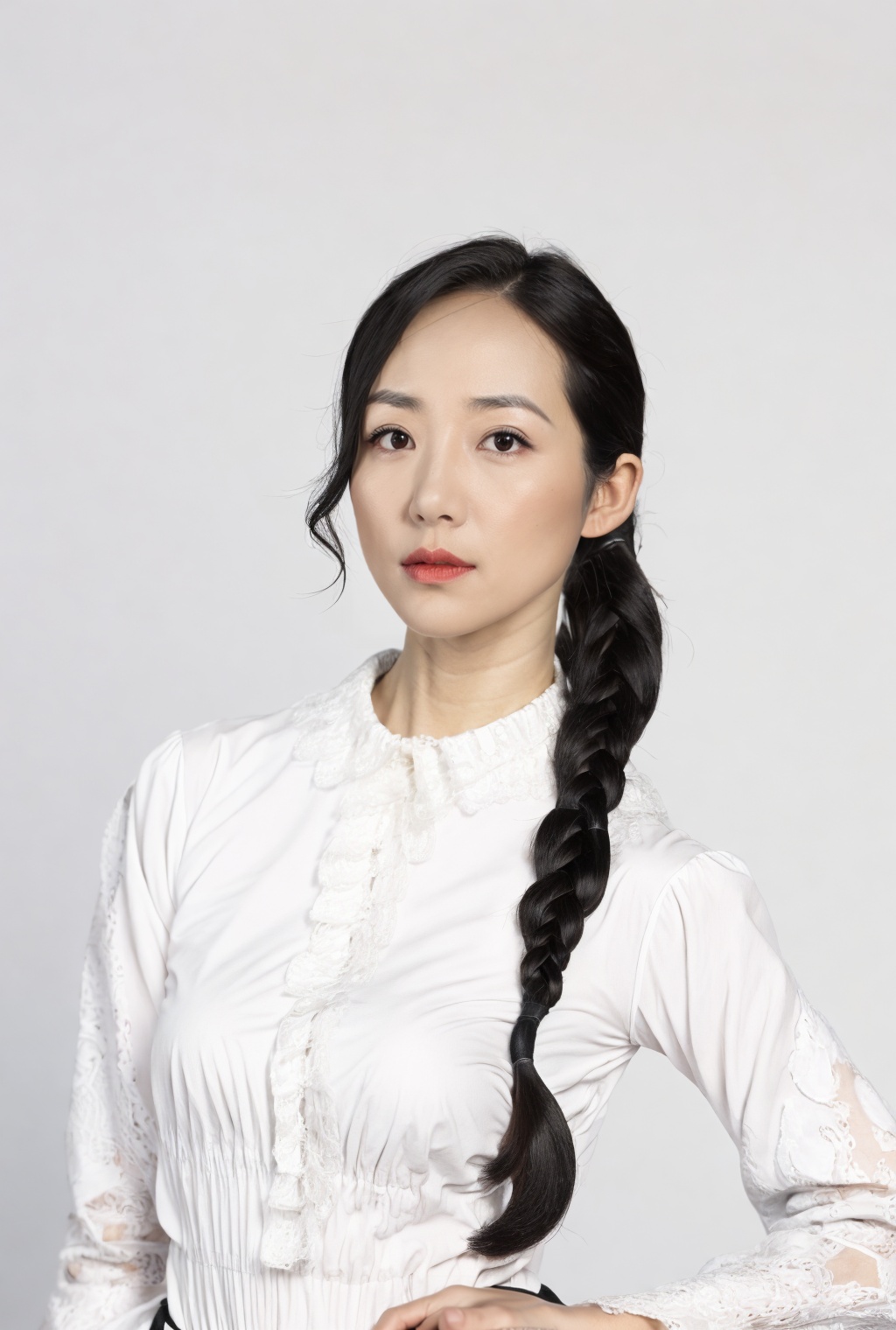 masterpiece,top quality,best quality,1girl,black eyes,black hair,((long black hair)),braid,closed mouth,hand on hip,lips,looking at viewer,parted lips,realistic,simple background,solo,upper body,white shirt,,<lora:hanxue:1>