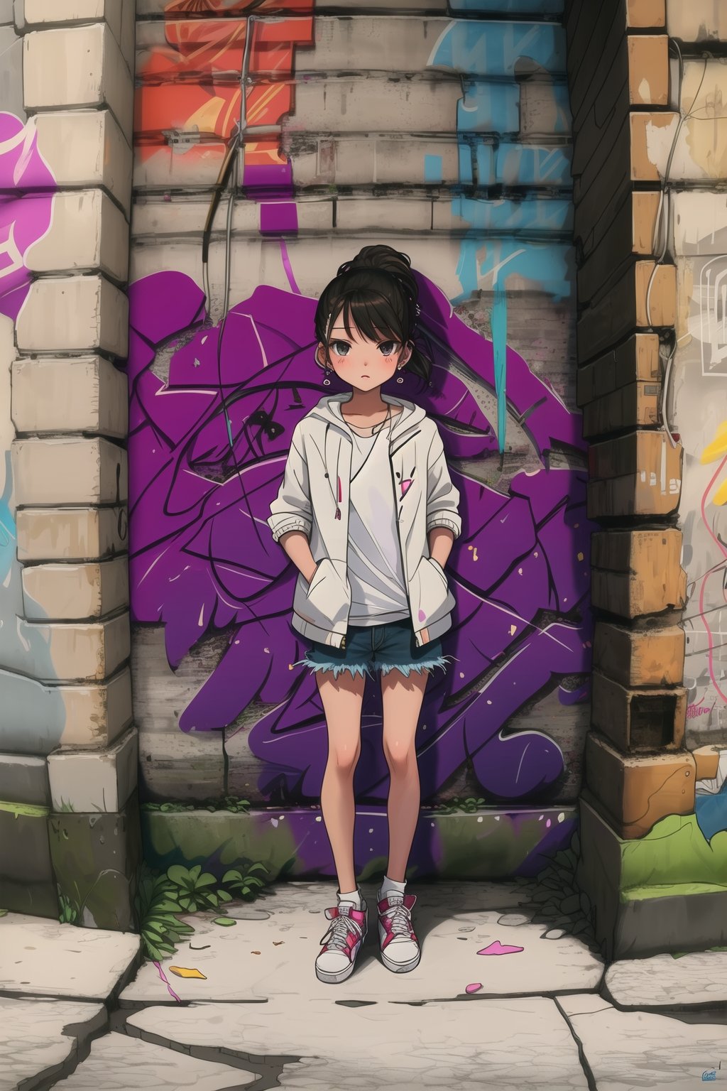 best quality,masterpiece,illustration,earrings,,hand in pocket,Denim shorts,an extremely delicate and beautiful,extremely detailed,CG,unity,8k,wallpaper,Amazing,finely detail,1 girl, solo, street, graffiti, white short sleeved, denim jacket, denim shorts, sneakers, spray painting,graffiti on the wall, hip-hop, street culture, <lora:秘密花园:0.8>,