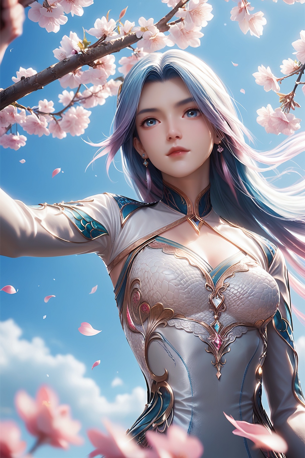 1girl,solo,upper body,flower,dress,sky,earrings,hair ornament,blue sky,jewelry,petals,looking at viewer,cherry blossoms,branch,falling petals,medium breasts,<lora:wy_wangqiuer_XL1.0:0.8>,blue pink gradient hair,blue eyes,, score_9,score_8_up,score_7_up,score_6_up,score_5_up,score_4_up,