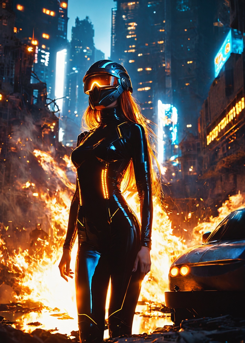 score_9,score_8_up,score_7_up,1girl,slender,very long hair,medium breasts,hair is burning,no_face,full_helmet,mirror_helmet,high_tech_bodysuit,glowing_clothes,golden hour lighting,cowboy_shot,cyberpunk city,building_ruins,fantasy,mcnm,