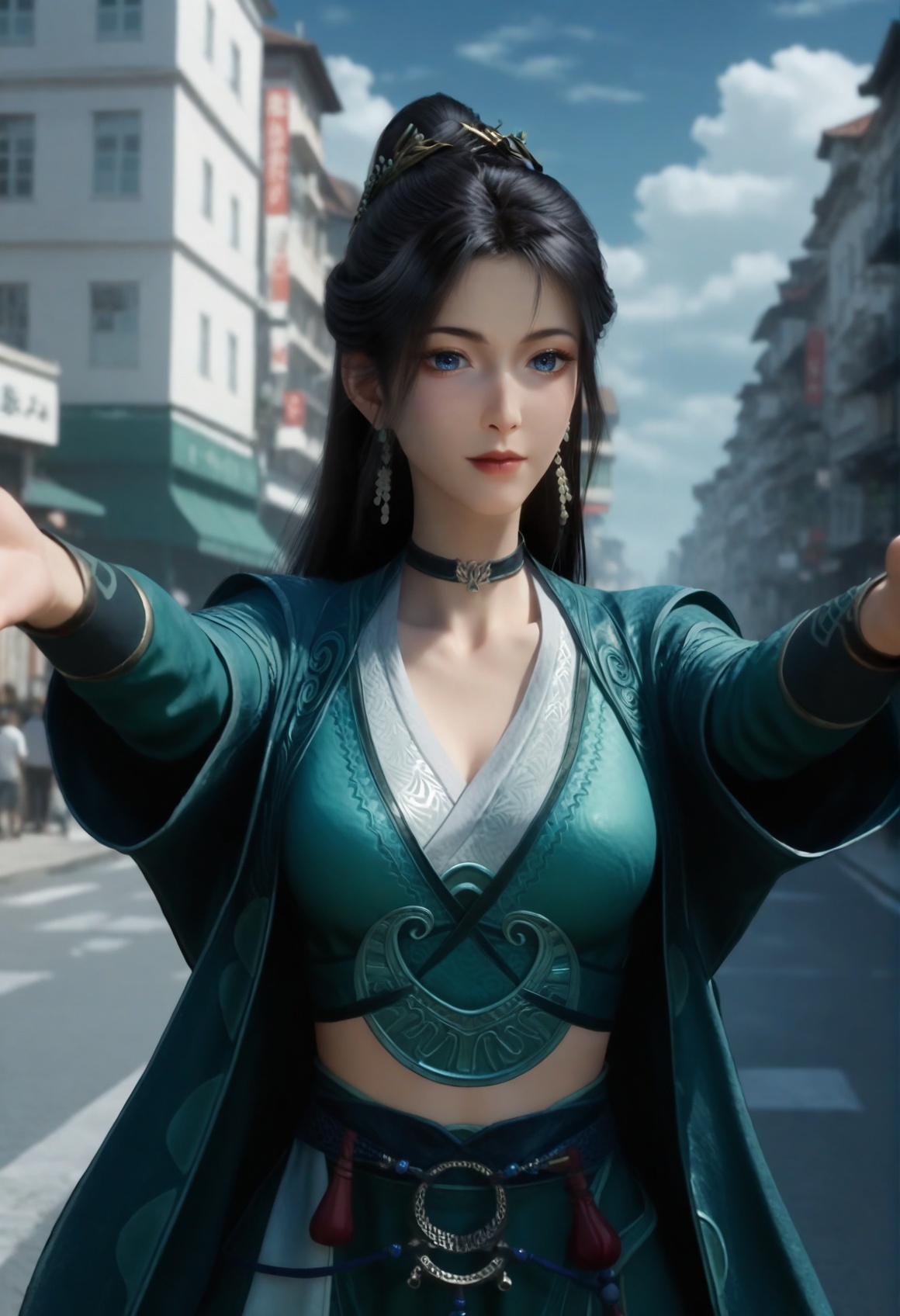 (score_9),<lora:慕配灵-Apony:0.83>,mpl,(mature_female:1.1),solo,hair ornament,long hair,black hair,ponytail,earrings,long long sleeves,robe,chinese clothes,wrist guards,long skirt,choker,black choker,<lora:perfect eyes_v1:0.8>,front view,bright pupils,blue eyes,looking at viewer,<lora:Expressive_H-000001:0.8>,((stretch)),(reaching),(glamor:1.2),(collarbone),pointy breasts,puffy breasts,large breasts,narrow waist,curvy,street,blue sky,blur background,building,city,cloud,cloudy sky,day,depth of field,(white_skin:1.1),(fair_skin:1.1),