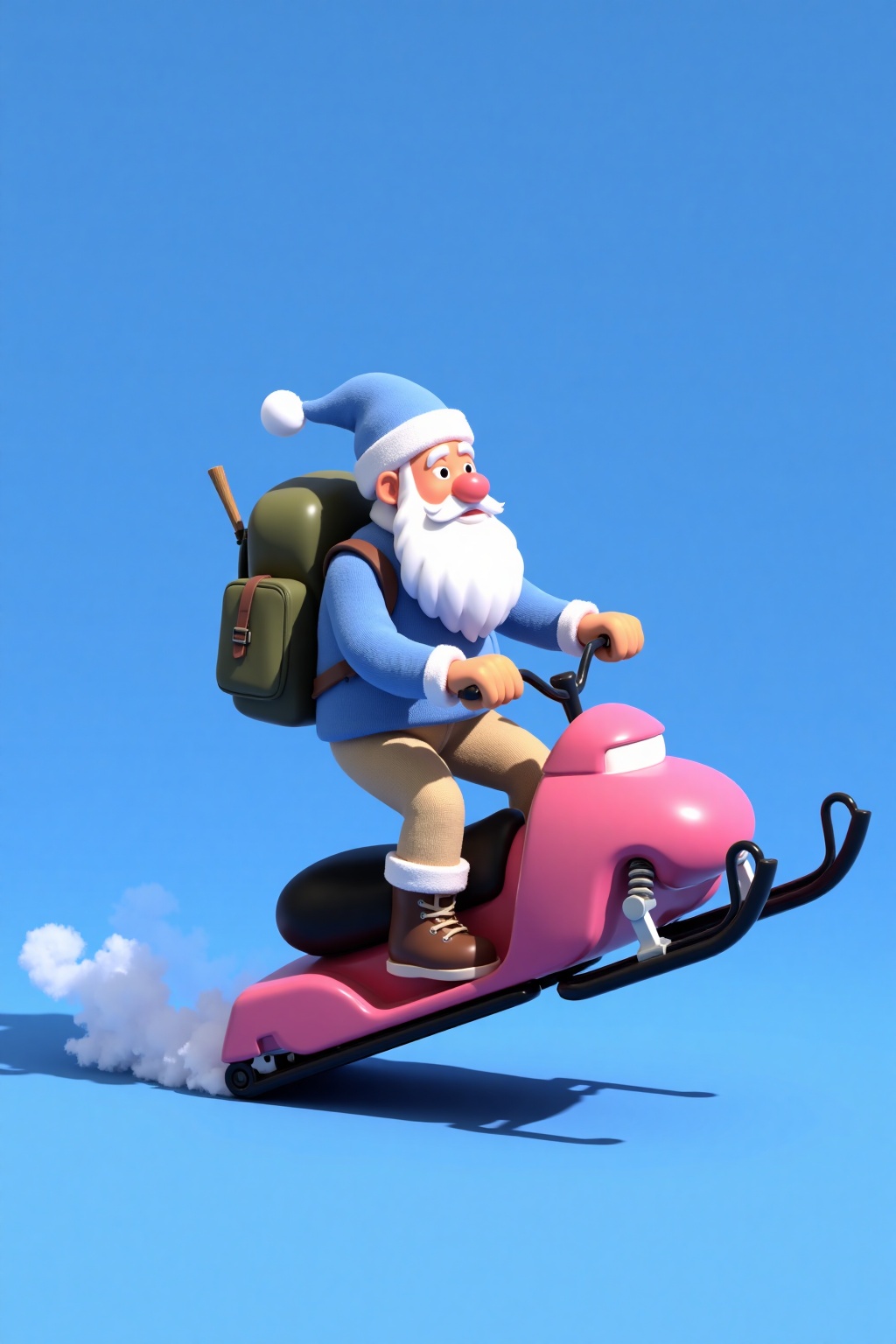 beijihui,a cartoon Santa Claus is seen riding a pink snowmobile. He is wearing a blue hat, a blue long-sleeve shirt, tan pants, and brown boots. He has a white beard and mustache, and is carrying a green backpack on his back. His hands are positioned on the handlebars of the snowmobile, and he is holding a stick in his right hand. The backdrop is a vibrant blue, with a shadow of the Santa Claus on the ground.