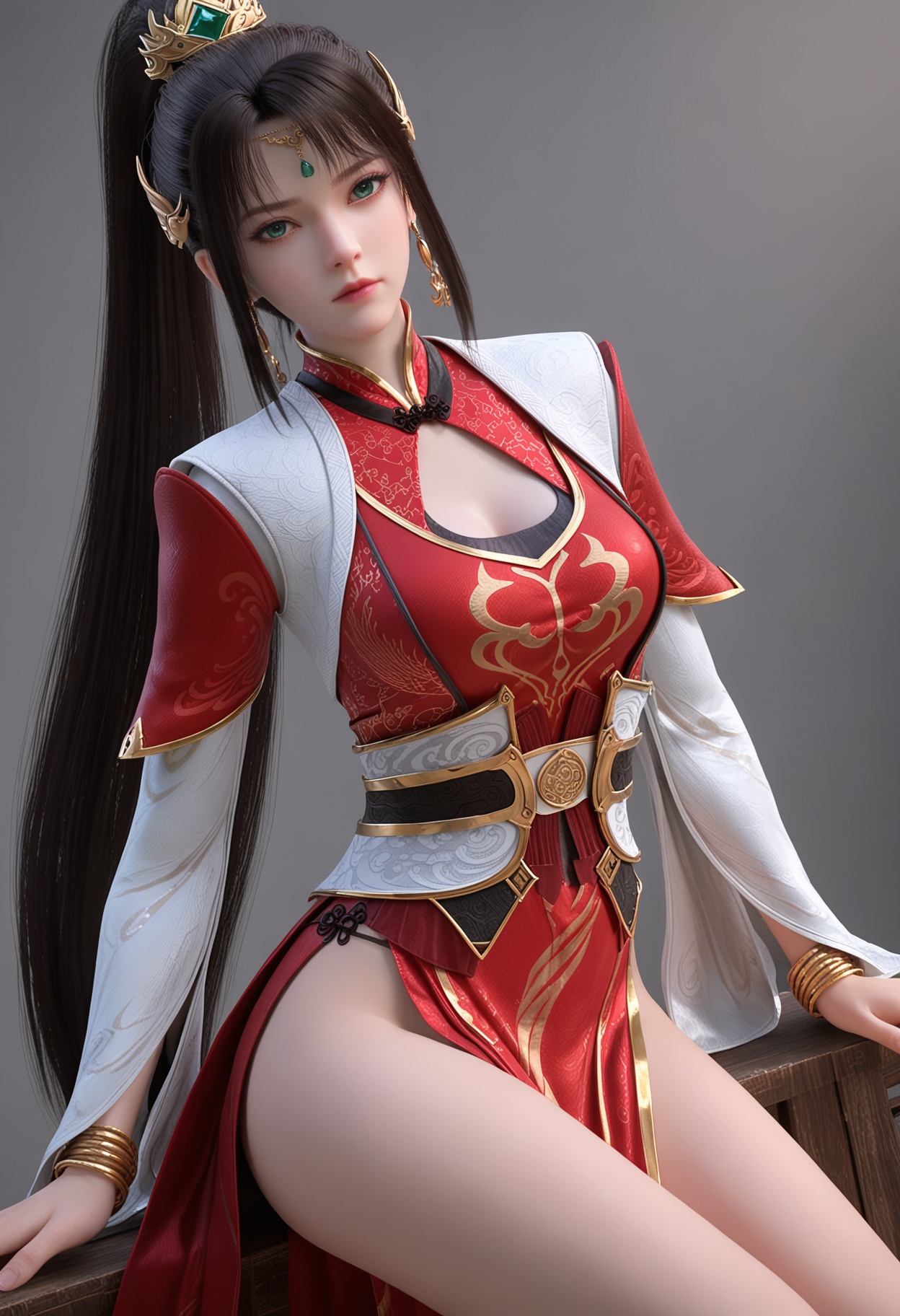 score_9,high detail,best quality,cinematic lighting,volumetric lighting,shiny skin,shiny,nanmingyushu,1girl,solo,green eyes,black hair,hair ornament,white background,jewelry,long hair,dress,simple background,ponytail,closed mouth,red dress,realistic,earrings,chinese clothes,clothing cutout,cleavage cutout,forehead jewel,breasts,expressionless,looking at viewer,thighs,<lora:Pony_DetailV2.0:0.8>,<lora:皮肤凹痕:0.1>,<lora:QQSponynanmingyushuV1:0.8>,
