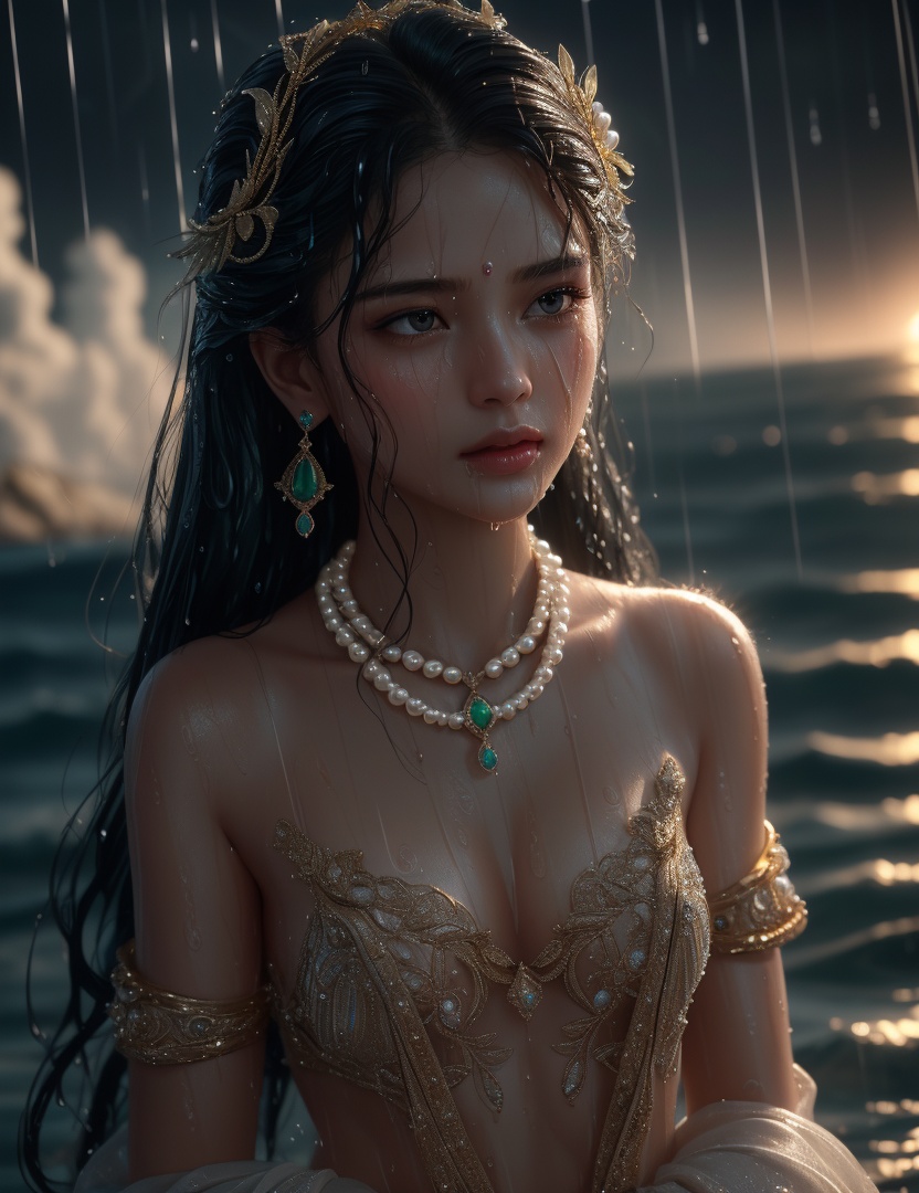 (,1girl, ,best quality, ),looking at viewer, ,ultra detailed 8k cg, ultra detailed background, ultra realistic 8k cg,  ,masterpiece((((1girl, solo,  , ,solo focus, wet,sweat, ocean,rain, water drop, )))) (, , sweatdrop, flying sweatdrops, sweating profusely,colorful drop \(module\), )   clean, masterpiece,     cinematic lighting, cinematic bloom,   , unreal, science fiction, luxury, jewelry, diamond, gold, pearl, gem, sapphire, ruby, emerald, intricate detail, delicate pattern, charming, alluring, seductive, erotic, enchanting, hair ornament, necklace, earrings, bracelet, armlet,halo,