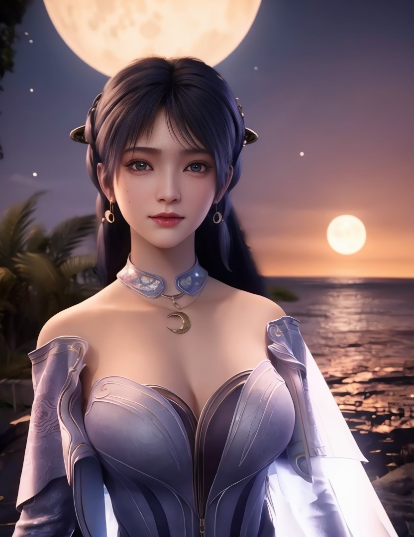 <lora:517-DA-遮天-姬紫月:0.8>(,1girl, ,best quality, ),looking at viewer,masterpiece, (( , )),, realistic,science fiction,mole, ultra realistic 8k cg, full moon,  rose,(cleavage), (),