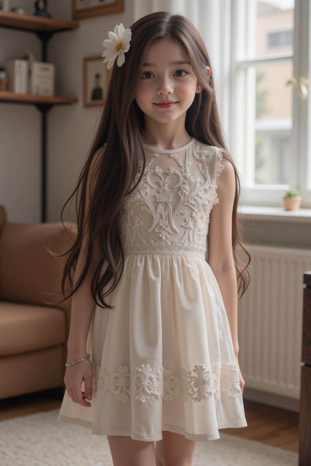 young girl, long hair, dress, full body, indoors,