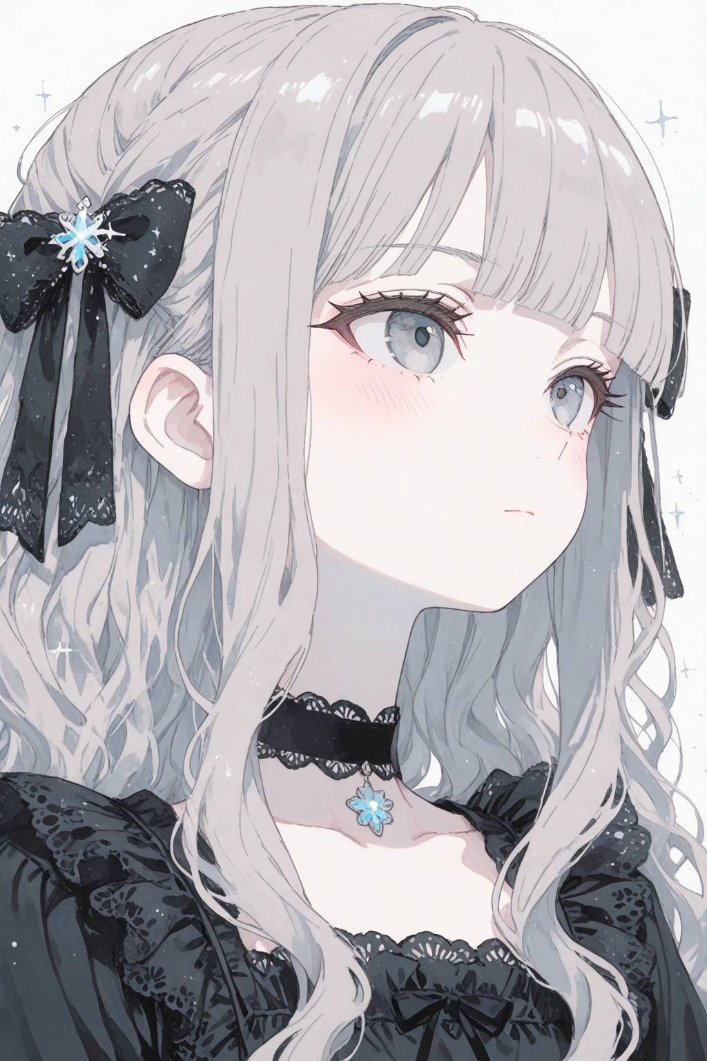 1girl,solo,bangs,white background,simple background,long hair,grey hair,portrait,choker,closed mouth,grey eyes,frills,upper body,looking away,expressionless,looking to the side,dress,bow,black choker,sparkle,lace,blush,close-up,pale skin,hair ornament,eyelashes,lace trim,black dress,blunt bangs,wavy hair,blue eyes,hair bow,very awa,masterpiece,best quality,highres,absurdres,newest,aesthetic,safe,watercolor \(medium\),traditional media,tegaki,