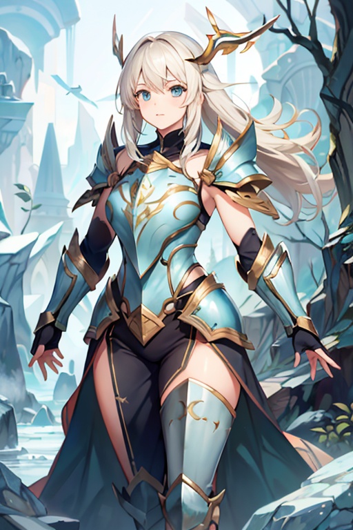 <lora:HXarmour_004:1>,, hxarmour,1girl,(blue armour:1.3),Forest Plaza,Geological Formation,Ice Caves,