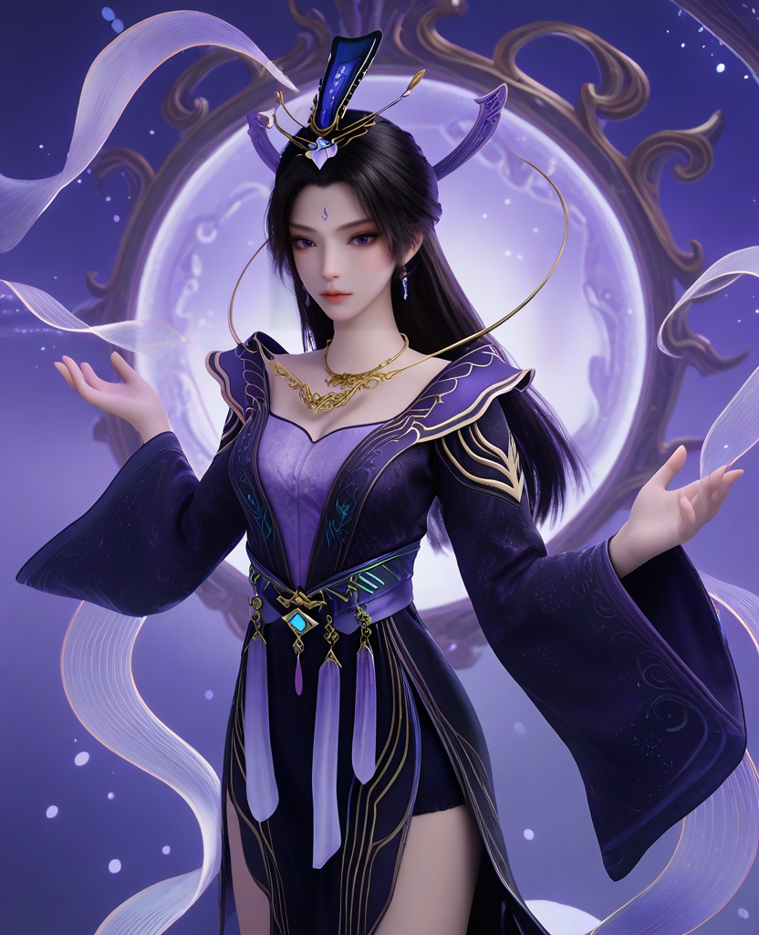 (oriental architecture, elegant decor, sophisticated style:1.1),(gymnastics balance beam leap:1.1),(breasts:1.2),<lora:XL16遮天紫府圣女紫霞:0.95>,miss zixia,atropurpureus dress,violet camisole,blue violet petticoat,amaranth eyes,forehead mark,black hair,very long hair,half-up crown ponytail,hair ornament,necklace,earrings,sash,wide sleeves,silk shawl,pelvic curtain,, score_9,score_8_up,score_7_up,score_6_up,score_5_up,score_4_up,3d rendering,tag1,tag2, Cinematic Lighting,backlighting,