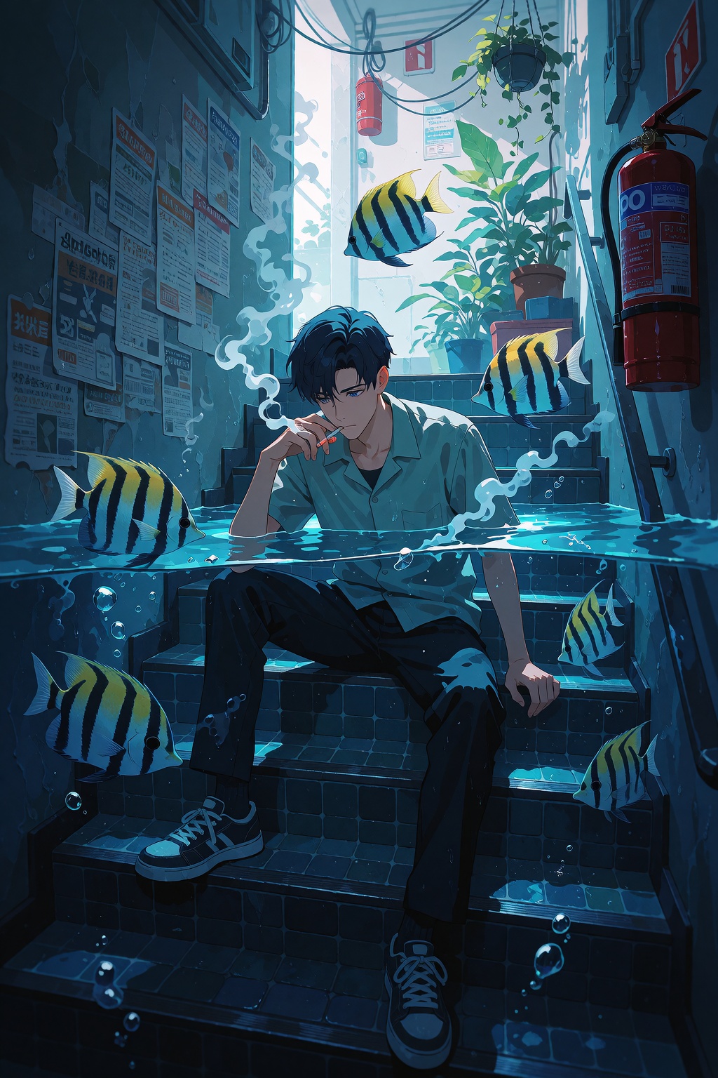 A wide shot depicts a dark-haired blue eyed man sitting on a dark tiled staircase in a surreal,  flooded stairwell,  holdi...