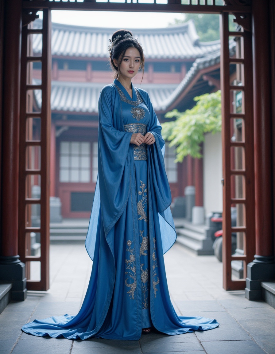 1girl,full body,realistic,blue chinese dress,chinese style architecture
