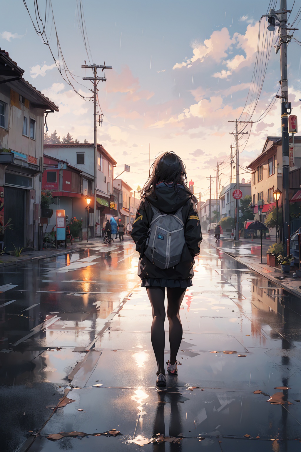 masterpiece,best quality,(ray tracing, cinematic lighting),ex-light,(central composition, Centered Composition and Symmetry:0.6),(back to camera:1.3),backlight,1girl,((solo)),black long hair,messy hair,jacket,pantyhose,rainy day,Cumulonimbus Cloud,(put hands in pockets),(outdoors, rain, sky, deserted streets, watered-down pavements, crossroad, fork in the road),tall buildings,bell towers,glass,reflections,streetlights,sunset,Tyndall Effect,