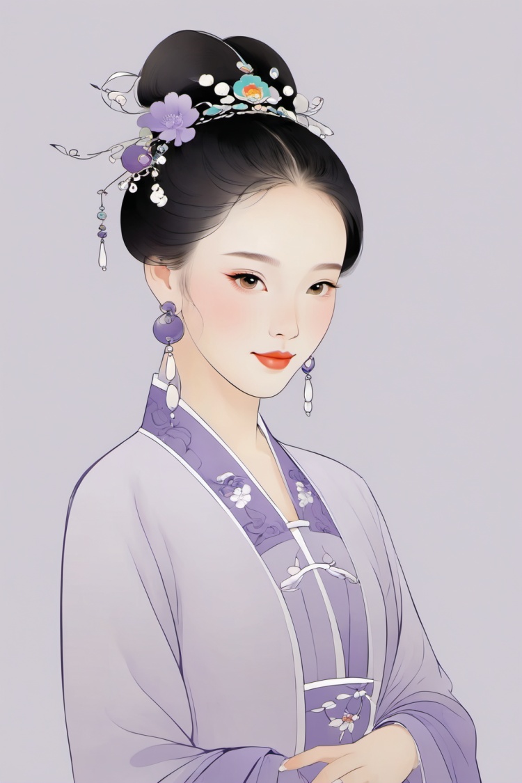 (chinese traditional minimalism:1.3), Close-up Portrait, Left View, Chinese eenchanting Maiden, Charming smile, solo,1girl,super beautiful ,elegant, purple color matching, white background, hair, hair accessories, earrings,