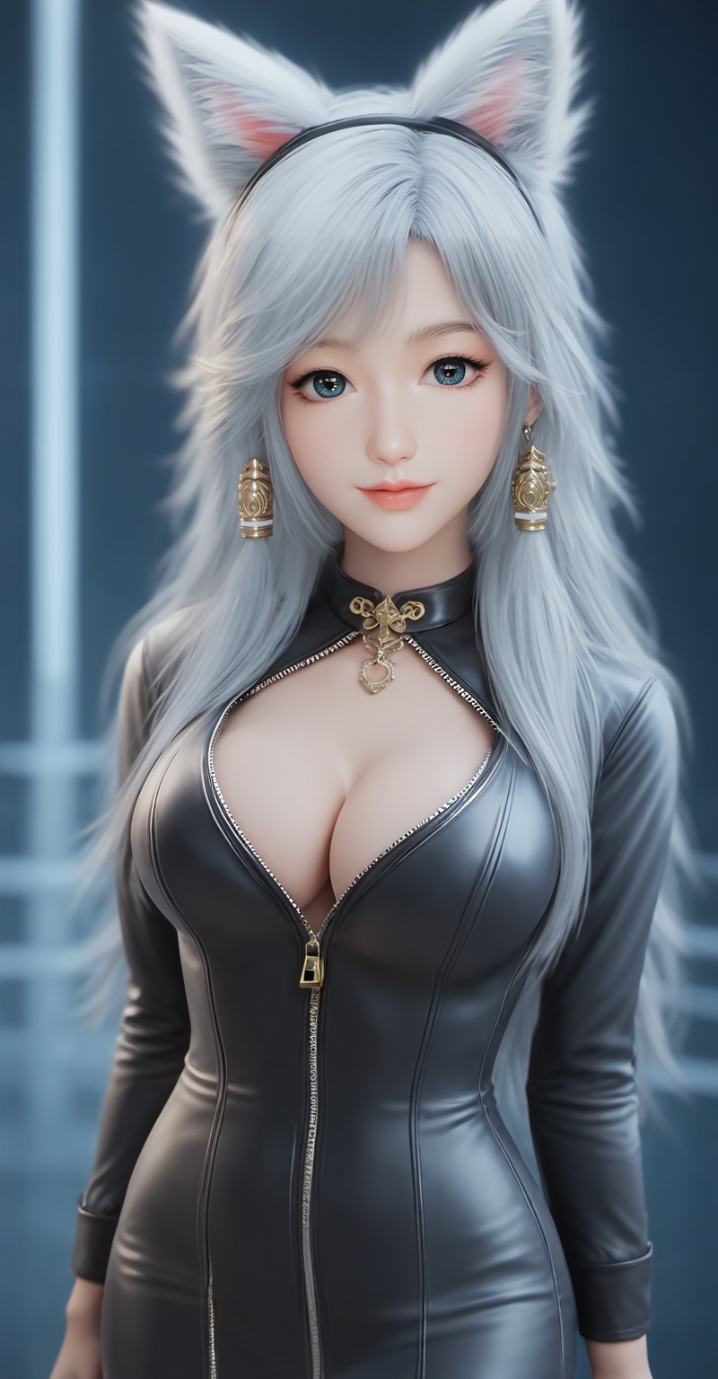 Close-up details,outstanding style,adding a touch of dimension to your images without compromising details,<lora:银月XL:0.8>,yinyue,white hair,fake animal ears,fox_ears,blue eyes,fair_skin,long hair,jewelry,earrings,1girl,solo,breasts,cleavage,dress,large breasts,black dress,cowboy shot,partially unzipped,short dress,zipper,looking at viewer,long sleeves,simple background,arms at sides,whirls of vapor,iridescent textures,(Anime:1.1),soft neon light,ethereal ambiance,delicate details,magical atmosphere,concept art,highly detailed,ultra-high resolution,32K UHD,sharp focus,best-quality,masterpiece,golden hour,unconventional supreme masterpiece,masterful details,temperate atmosphere,in the style of fashion photography,cover,Dynamic Angle,with a high-end texture,Dynamic posture,