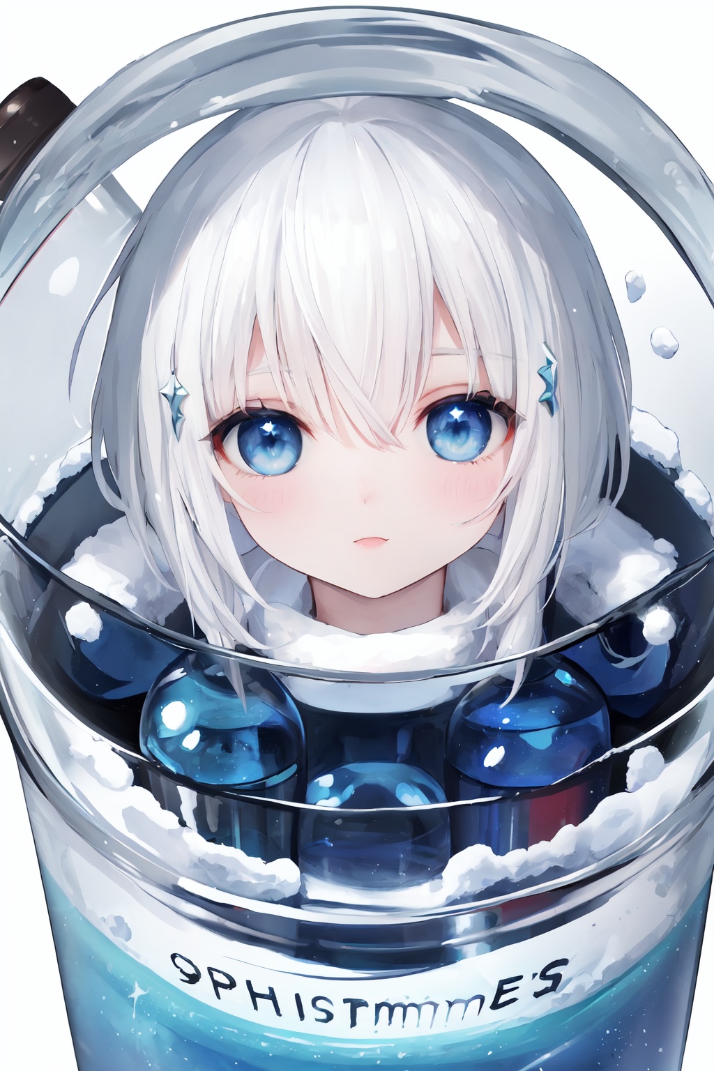 ((masterpiece)),((highest quality 16k)),((ephemeral)) ((detailed and delicate)),((fantastic background)),white hair,blue eyes,(solo),phgls,in container,bottle snow,starlight,star ocean,