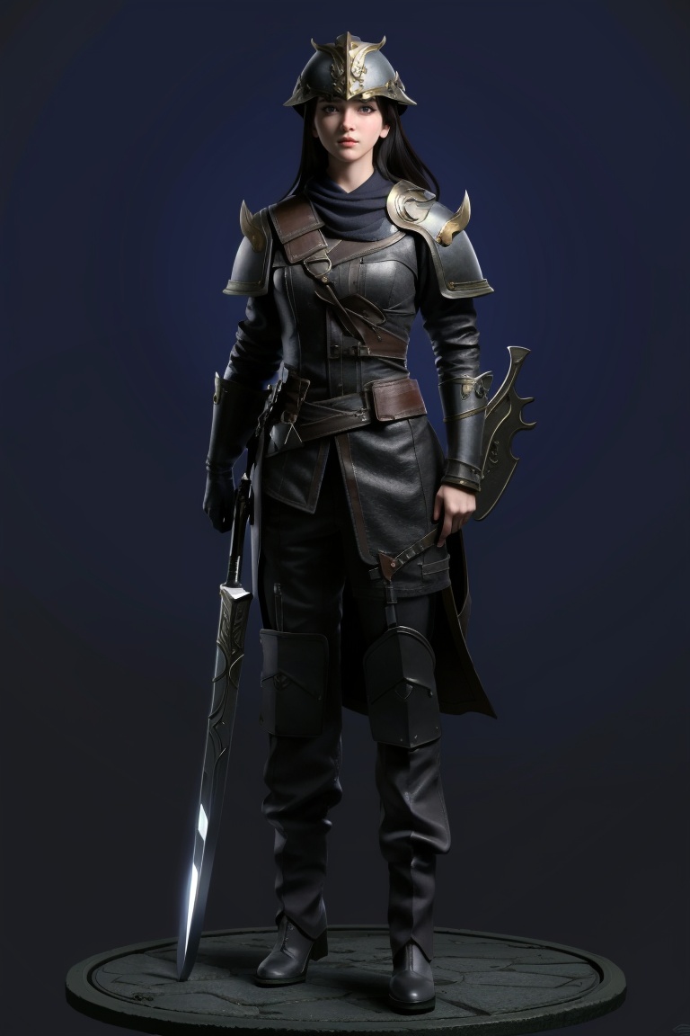 ((HRD, HUD, 8K)),((masterpiece, best quality)), highly detailed,1girl, solo, helmet, black hairweapon, holding, sword, dual wielding, holding weapon, holding sword, full body, standing, armor, looking at viewer, closed mouth,  <lora:20240315-1710510343817:0.9>