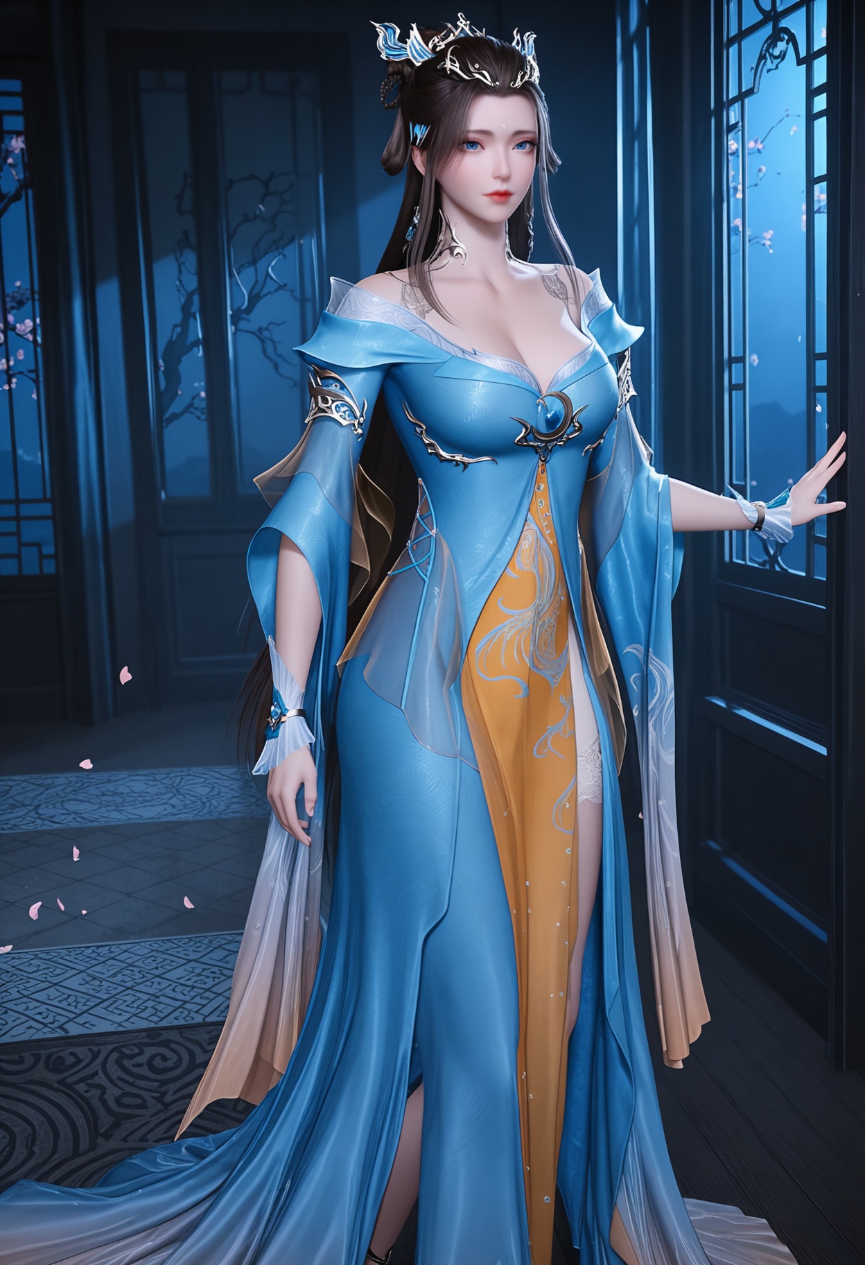 (full_body:1.2),(gigantic breasts:0.7),(looking at viewer:1.1),facing viewer,direct gaze,(masterpiece:1.1),(best quality:1.2),(intricate details),(smog:1.3),(Dark room:1.3),(dim lighting:1.3),peach blossom,falling petals,<lora:YQ_Illustrious光辉v5_侯烟岚_V1:0.8>,1girl,q1528437228,solo,long hair,hair ornament,dress,black hair,jewelry,blue eyes,hair rings,hair bun,earrings,forehead mark,brown hair,bracelet,masterpiece,(best quality),(intricate details:0.9) BREAK (intricate details:0.9),(realistic skin:1.2),masterpiece,best quality,newest,absurdres,hiahres,
