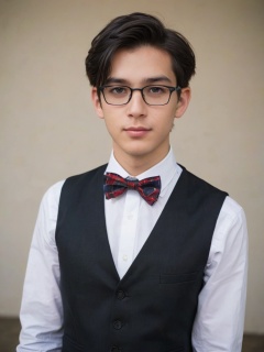 score_9, score_8_up, score_7_up, score_6_up, score_5_up, score_4_up,1boy, solo, looking at viewer, short hair, shirt, black hair, hat, bow, white shirt, upper body, glasses, collared shirt, bowtie, vest, lips, plaid, black headwear, black bow, black-framed eyewear, black vest, black bowtie, realistic