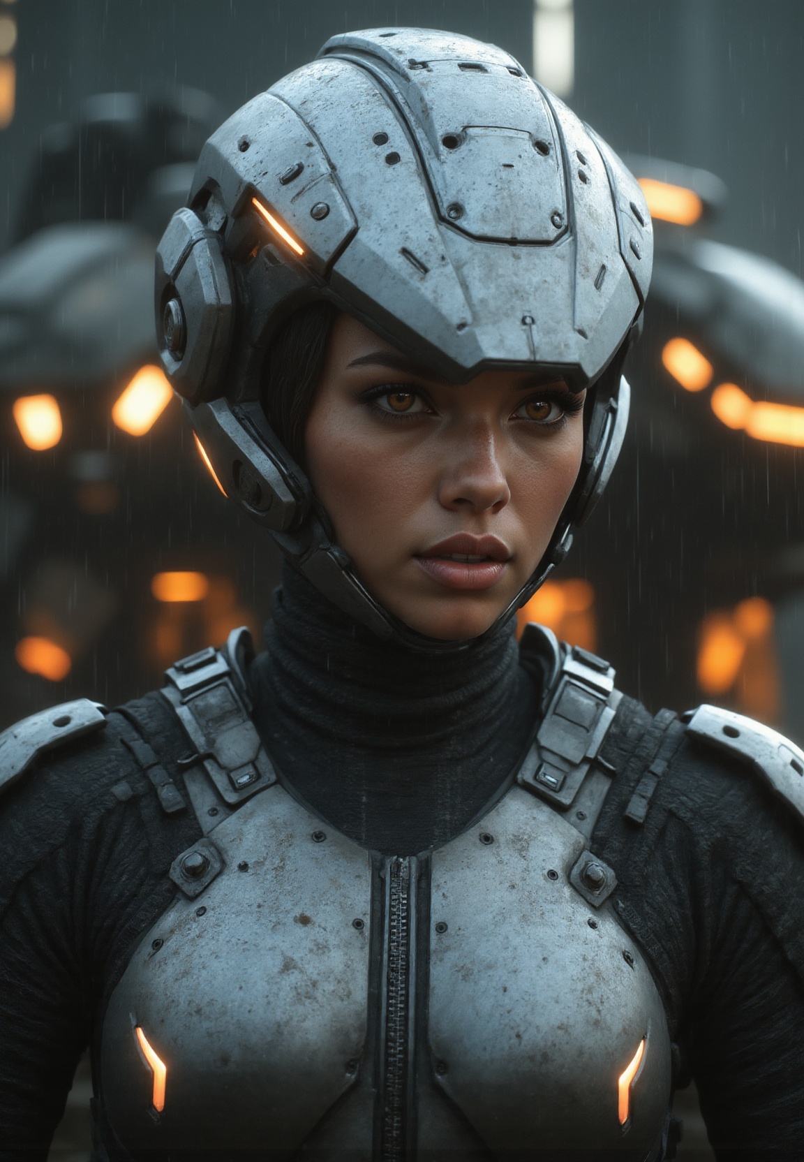 cinematic film still portrait of a solo female mech pilot standing in front of her ,  scifi armor,  military base on Tenso...