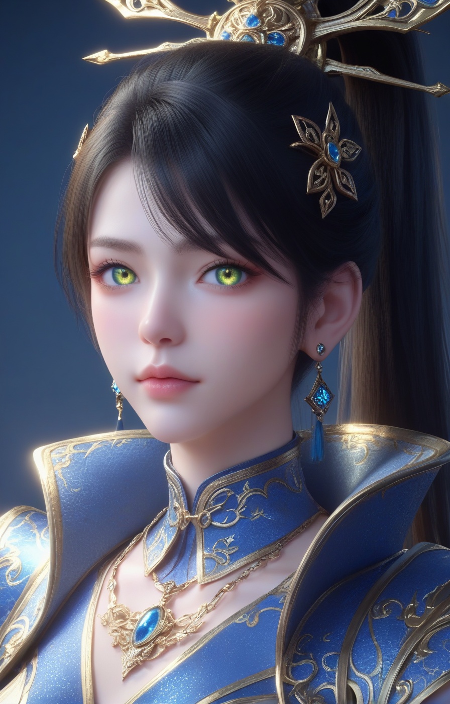 score_9,score_8_up,score_7_up,source_anime,<lora:qingxuan_qinglin_PONY:0.7>,1girl,solo,jewelry,earrings,black hair,green eyes,ponytail,looking at viewer,blush,(curvy:1.1),detailed eyes,jewelry,highly detailed,huge breasts,bright_pupils,dress,yellow eyes,blush,hair ornament,volumetric,dramatic lighting,(oil:1.1),(shiny_skin:1.2),ultra detailed 8k cg,ultra detailed background,extremely detailed eyes,full_shot,(pale_skin:1.1),(2.5D:1.4),rating_explicit,(realistic:1.2),perfect face,detailed face,sexy pose,supermodel,overall warm color,dol,innocence,mysterious,surreal,film grain texture,analog photography aesthetic,visual storytelling,dynamic composition,delicate details,highly detailed,concept art,extremely detailed,amazing quality,masterpiece,ultra-high resolution,32K UHD,sharp focus,best-quality,golden hour,with a high-end texture,unconventional supreme masterpiece,masterful details,temperate atmosphere,in the style of fashion photography,high detailed  skin,(detailed skin:1.1),nice hands,highly detailed,Skindentation,skin depression,highly detailed,masterpiece,<lora:Add_more_details_V2_XLpony:0.6>,dramatic lighting,detailxl,(lace_panties:1.2),(portrait:1.4),blue clothes,(armor:1.1),