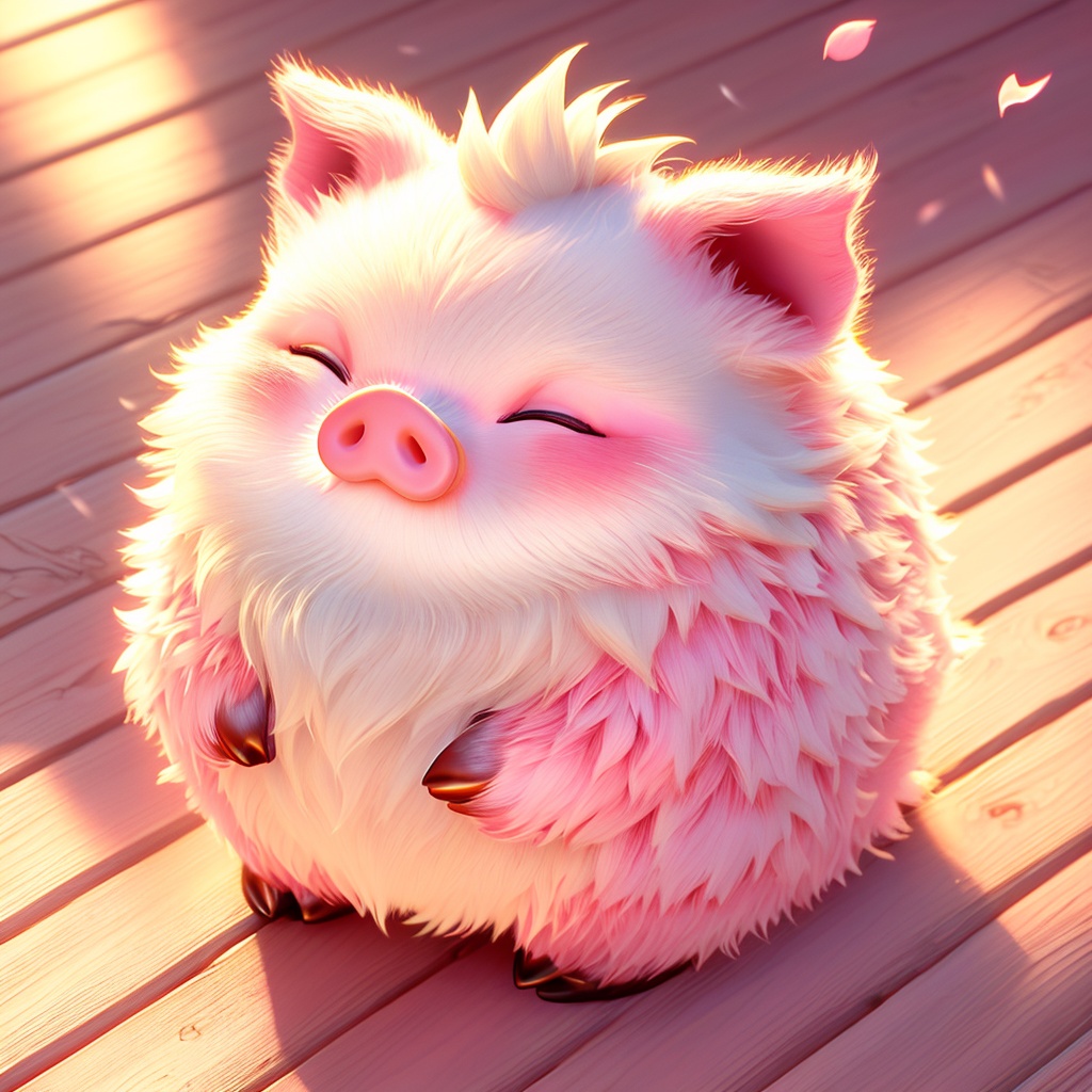 haizhu, pig, fluffy, sunlight, light particles, ^ ^, whiskers, cc-color-correction, mf-movie-filter, warm colors, whimsy and dramatic lighting, white fur, soft lighting, pig focus, no humans, cute, closed eyes, petals, solo, wooden floor, bird, full body, cherry blossoms, pokemon \(creature\)<lora:haizhu_v1:0.8>,