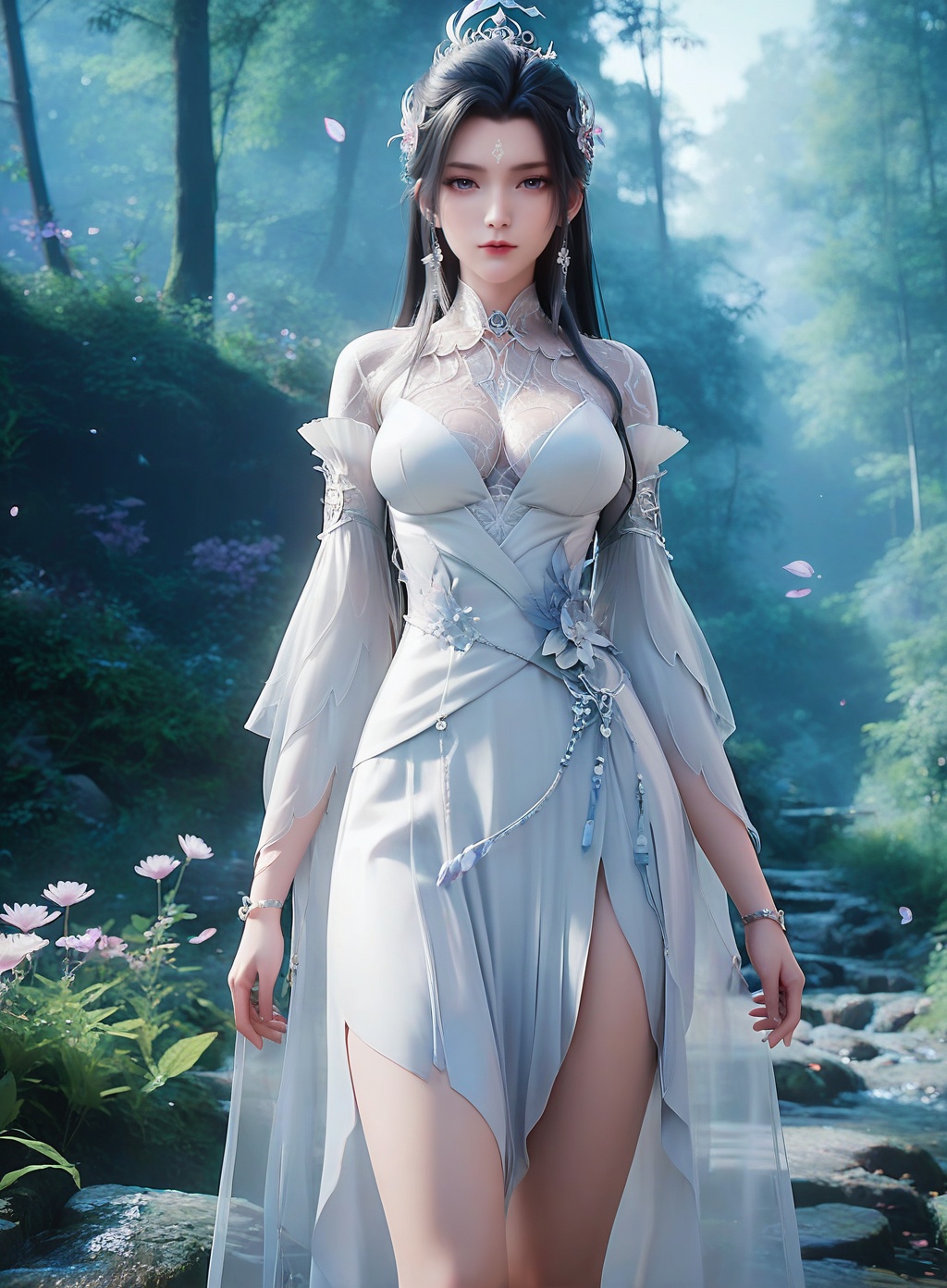 score_9,score_8_up,score_7_up,1girl,long hair,breast,medium breast,hair_ornament,dress,thick_thighs,black hair,forehead_mark,<lora:wy_luxueqi_XL7.0:0.8>,blurry,blurry background,depth of field,looking at viewer,gaden,flower,Dreamy forest,