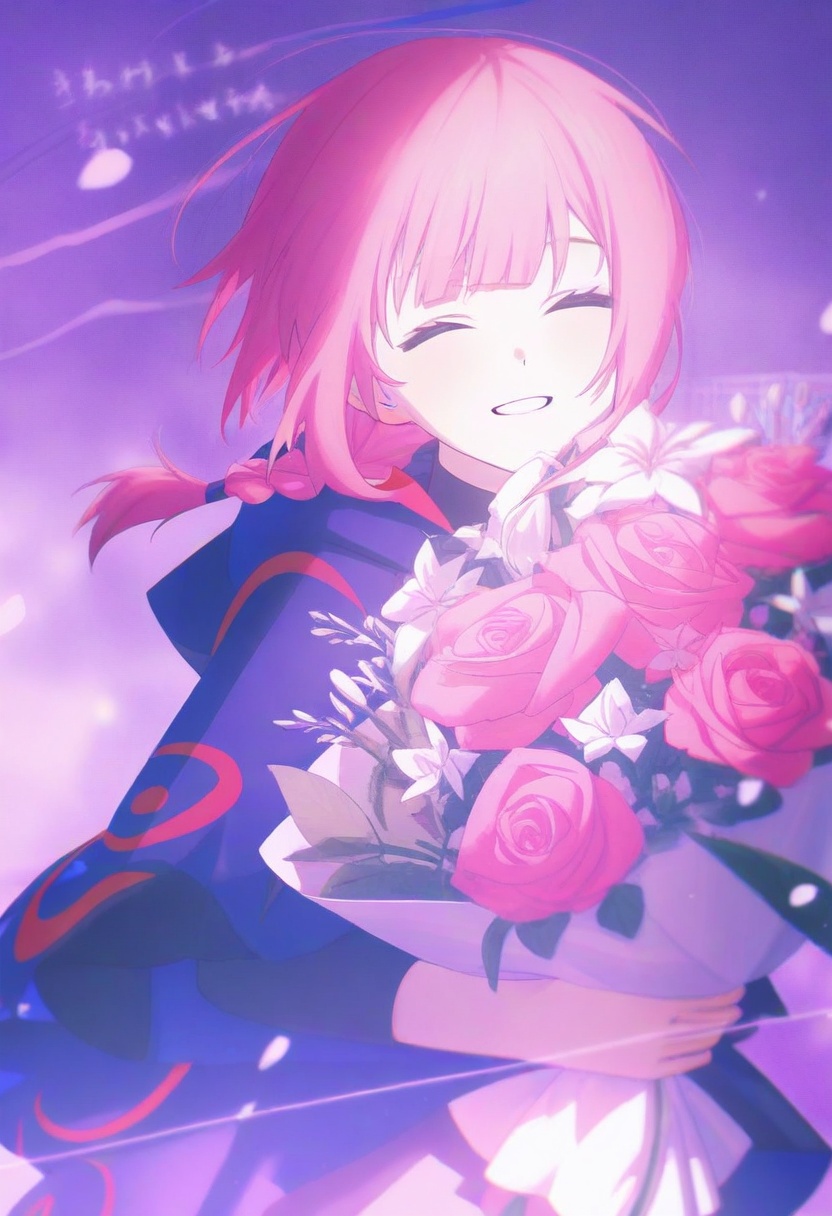 1girl,absurdres, bouquet, braid, closed eyes, commentary, flower, highres, hood, hood down, hoodie, kaf \(kamitsubaki studio\), kamitsubaki studio, pink hair, purple theme, rose, smile, solo, song name, teeth, translated, virtual youtuber <lora:kocil_cyan-000015:1>