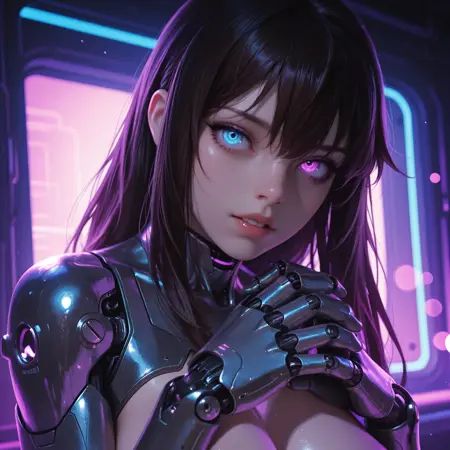 cinematic photo cinematic photo cinematic photo <lora:MoriiMee_Gothic_Niji_Style_Illustrious_r1:1> artist:moriimee, realism, photo realistic, <lora:add-detail-xl:1>,masterpiece, best quality, amazing quality,solo, nsfw, suggestive, erotic, seductive,lazypos, HDR, raytracing, pathtracing, 3d render, realistic skin, realistic textures, detailed skin, masterpiece, best quality, absurdres, amazing quality, 8K, focused subject, (impossible clothing), ((sexy)), perfect breasts, (pretty face), (cute girl), (cute), <lora:- iLL - the_edgy_mech_V3.0:0.7>, <lora:PowerPuffMixLora:0.8>, PowerPuffMixLora, rating:explicit, A digital illustration shoot from a close-up camera angle about a futuristic cyborg character with a skull-like face made of metallic components and glowing blue eyes. the image also shows intricate details on the character's face, including mechanical parts and cables. on the middle of the image, a woman appears to be looking at the viewer with a serious expression. she has long, straight, dark brown hair that falls between her eyes. her eyes are a striking purple color and are glowing blue. her face is partially cracked, revealing a hint of her teeth. she is wearing a futuristic, metallic outfit with intricate details and mechanical parts. her hands are clasped together in front of her face. the background is a gradient of blue and black, with a soft, ethereal glow. the overall style is reminiscent of cyberpunk art, with bold lines and vibrant colors. 1girl, mechanical parts, solo, purple eyes, looking at viewer, android, long hair, parted lips, glowing, rating:general, science fiction, portrait, artificial eye, heterochromia, robot, mechanical eye, blue eyes, black hair, cyborg, . 35mm photograph, film, bokeh, professional, 4k, highly detailed . 35mm photograph, film, bokeh, professional, 4k, highly detailed . 35mm photograph, film, bokeh, professional, 4k, highly detailed . 35mm photograph, film, bokeh, professional, 4k, highly detailed