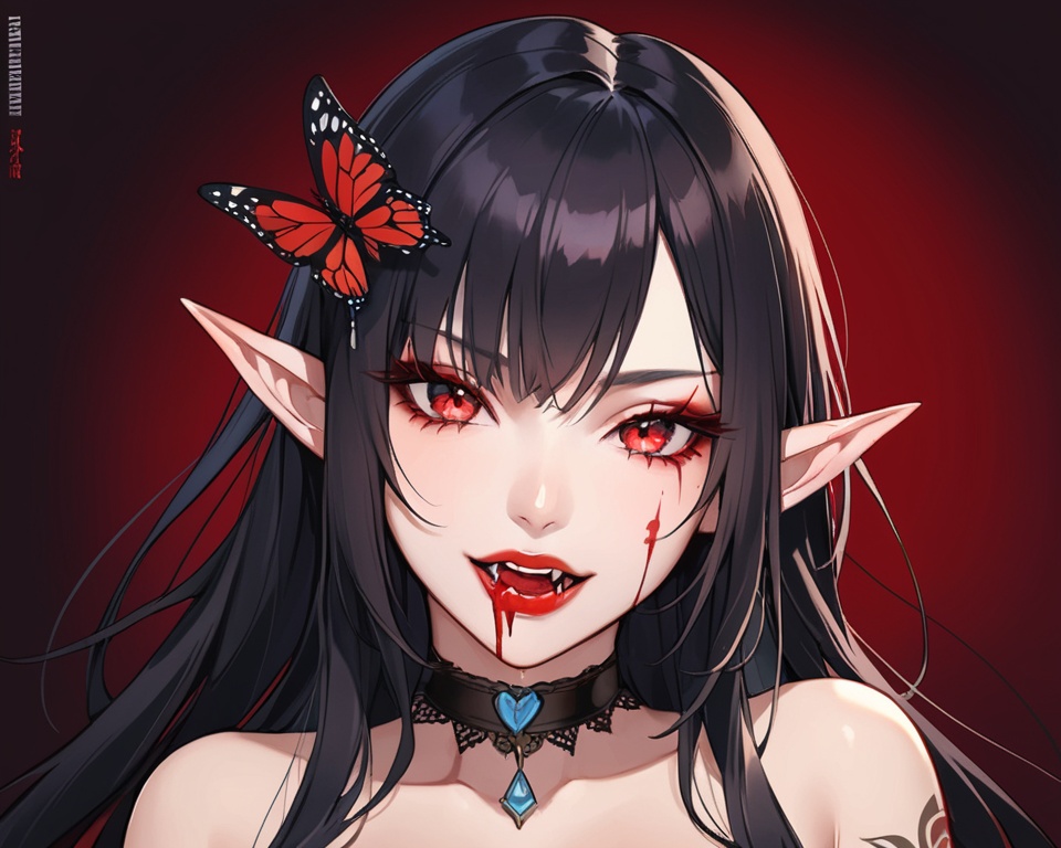 (best quality), ((masterpiece)), (highres), illustration, original, extremely detailed,<lora:SNGame Character XL:0.7> 1girl, solo, pointy ears, black hair, red eyes, long hair, bug, blood, fangs, looking at viewer, butterfly, blood on face, choker, tattoo, hair ornament, upper body, red lips, artist name, vampire, breasts, bare shoulders, parted lips, elf, blood from mouth