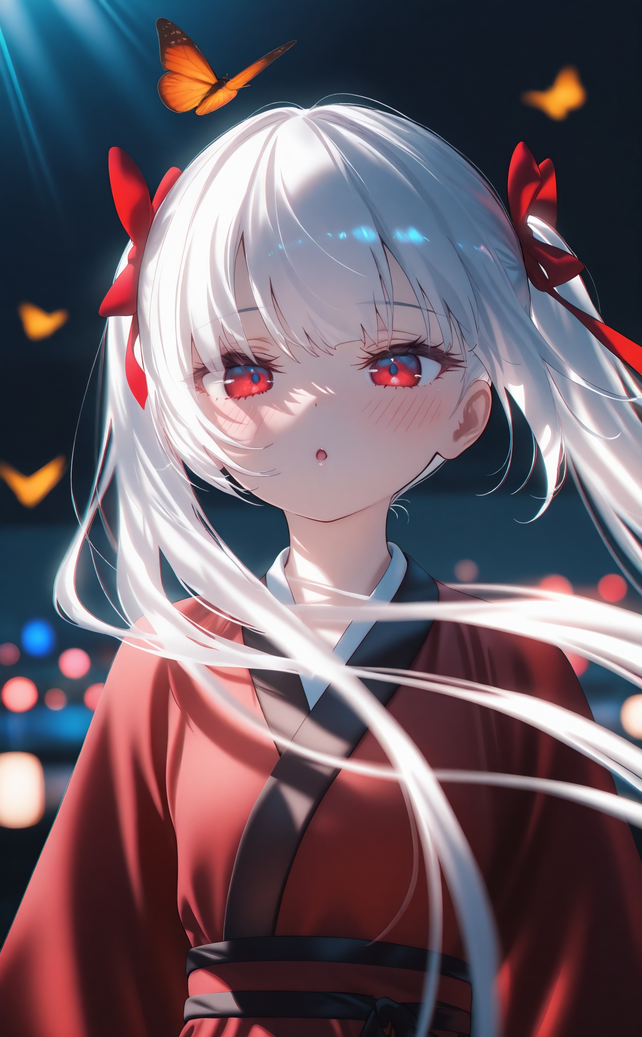 masterpiece,highres,absurdres,newest,best quality,high quality,loli,petite,chromatic_aberration,//,night,1girl,solo,long hair,looking at viewer,blush,bangs,red eyes,long sleeves,twintails,very long hair,upper body,white hair,hair bow,parted lips,hanfu,Red Hanfu,blurry,:o,floating hair,depth of field,animal,bug,butterfly,//,official art,depth of field,detailed light,blurry background,cinematic lighting,ray tracing,ultra detailed,god rays,backlighting,photo background,film grain,chromatic aberration,volumetric lighting,depth of field,blurry background,shiny skin,floating hair,cinematic lighting,day,very aesthetic,//,//,<lora:MAQ——【CKXL测试】hans:1>,