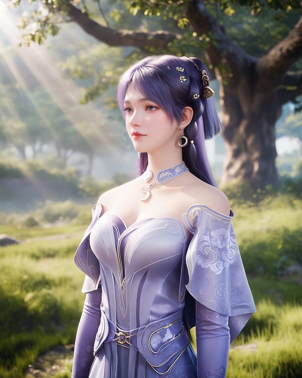 1girl,jewelry,earrings,solo,hair ornament,tree,long hair,dress,realistic,upper body,sunlight,bare shoulders,grass,blurry,necklace,outdoors,blurry background,light rays,<lora:wy_jiziyue_XL5.0:0.8>,purple hair,purple_dress,purple eyes,, score_9,score_8_up,score_7_up,score_6_up,score_5_up,score_4_up,