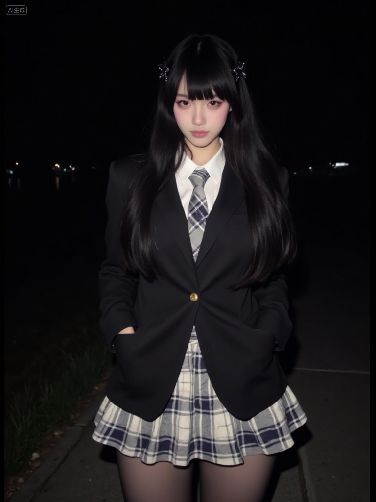 The image is a photograph of a young woman standing outdoors at night. She has long, straight black hair with bangs, adorned with small black hair clips shaped like stars. Her skin is fair, and she has a delicate, youthful face with light pink makeup, including pink eyeshadow and subtle pink lipstick. She is wearing a black blazer with gold buttons over a white shirt and a plaid tie in shades of grey and white. The blazer is buttoned, and her hands are in the pockets of the blazer. She is also wearing a matching plaid skirt that reaches mid-thigh, and sheer black tights. The background is dark, with only a few faintly visible lights in the distance, suggesting a nighttime setting. The path she is standing on is paved and there is some greenery visible to the left. The overall style of her outfit is reminiscent of a Japanese school uniform, and the photograph has a slightly grainy texture, adding a subtle vintage feel. The womans expression is neutral, and she is looking directly at the camera, creating a sense of direct engagement with the viewer., Steps: 30, Sampler: Euler, CFG scale: 3.5, Seed: 992947934, Size: 768x1024, Model hash: 8cba4f1ef47d492f78b9e47e4845ff6c1a1946b5f2ed870218a11d7640035ff1, Model: flux1-dev-fp8.safetensors, Denoising strength: 0, RNG: CPU, Lora 1: d311f3.safetensors, Lora Hash 1: 24bcef60ae70d5f4fa14c9d8a5f27ac3dda77eb473ff4c1c75e93c181953743c, Lora Weight 1: 0.8, vae_name: automatic