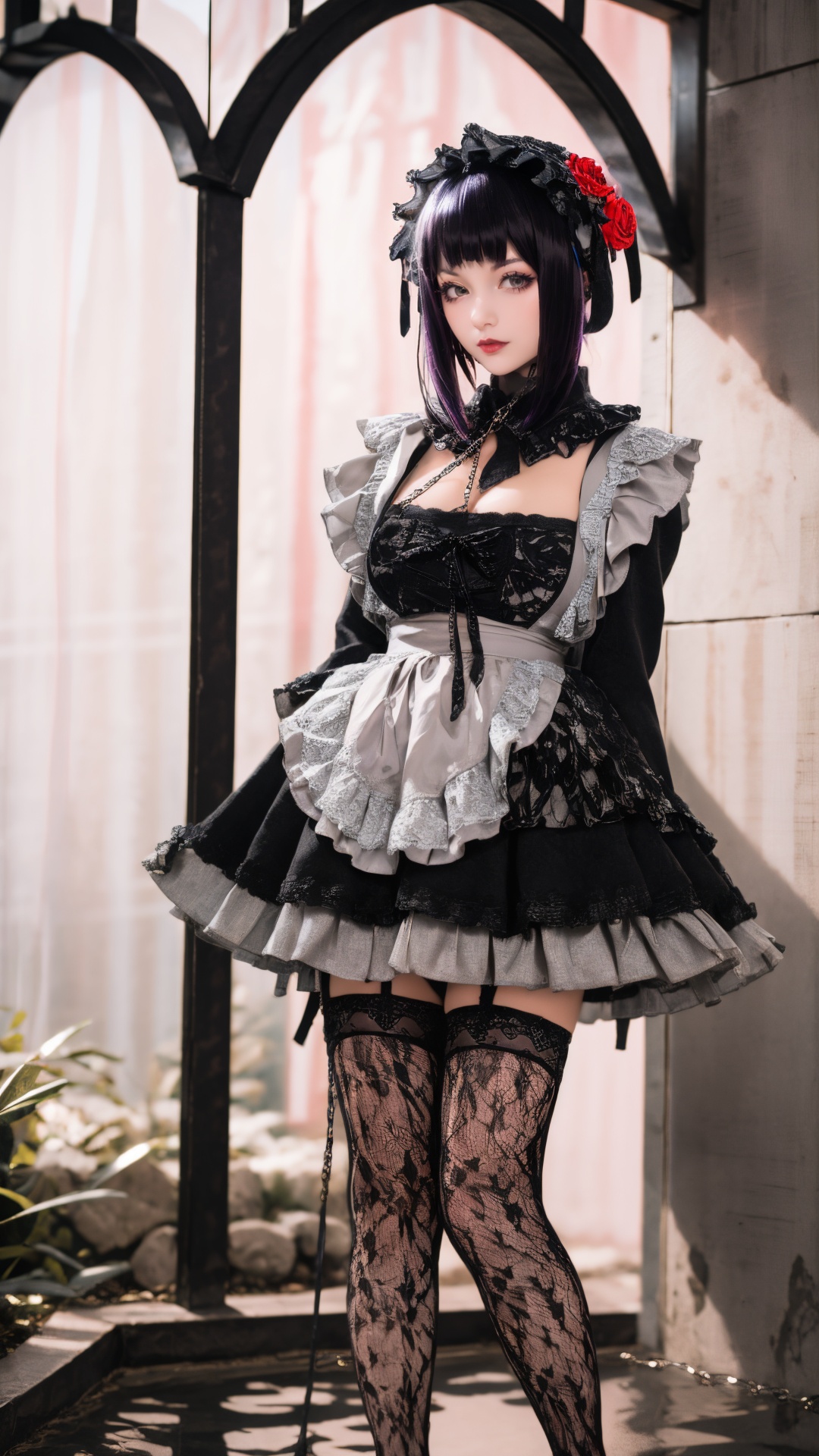 tutututu,1girl,solo,Kuroe Shizuku,lolita fashion,apron,pantyhose,gothic lolita,black dress,frills,hair flower,hair ornament,chain leash,black nails,wide sleeves,lace trim,long sleeves,rose,black footwear,black necktie,maid,fishnets,maid headdress,detached collar,red flower,thighhighs,hairband,chain,floral print,lolita hairband,garter straps,black thighhighs,lace,<lora:Kuroe Shizuku_Lolita-000007:0.85>,***** Alice in wonderland standing in stream,large mushrooms in background,highly detailed,Beautiful lighting,photoreal,4k,depth of field,night scene,light from godrays shining on ground,