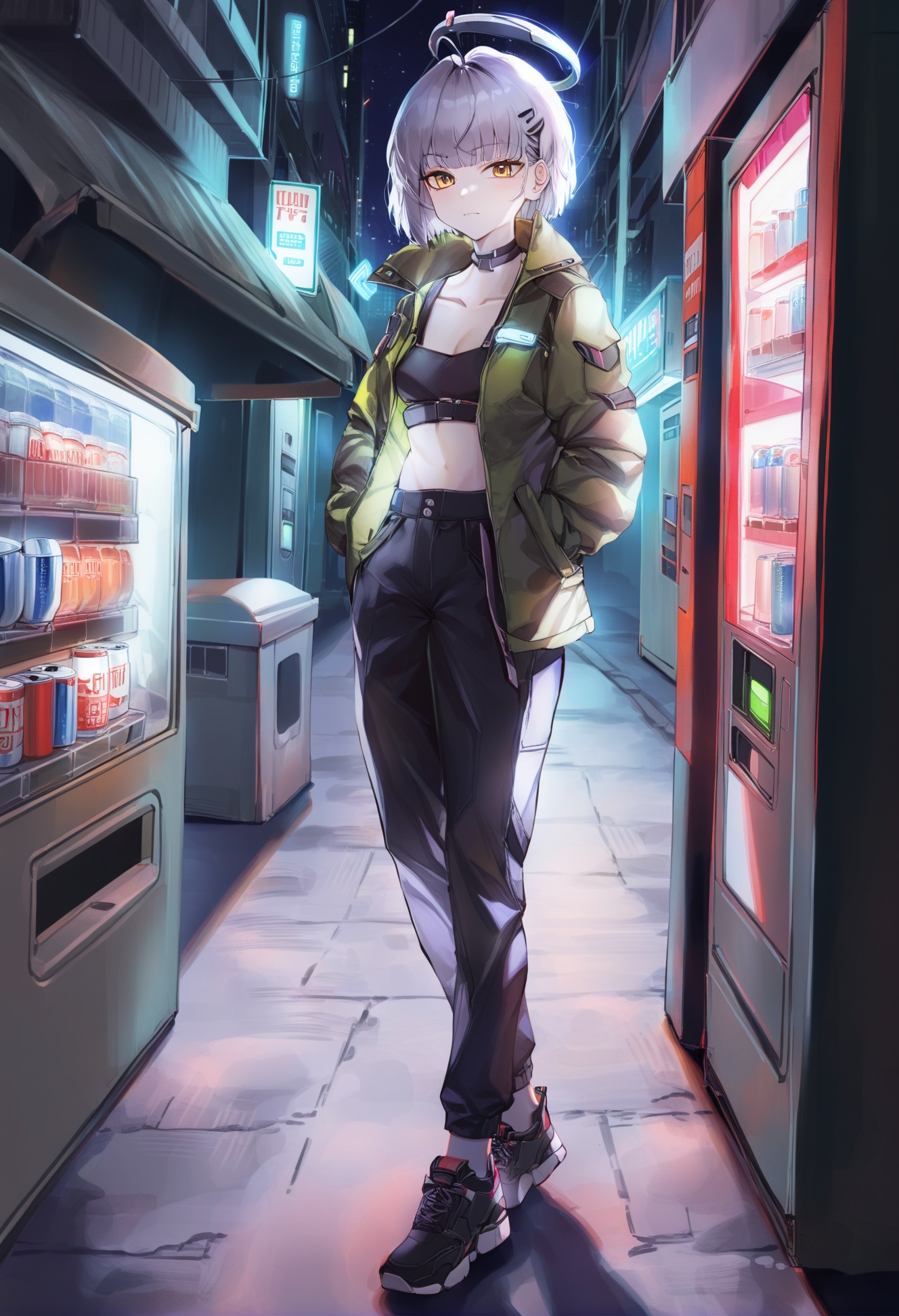 masterpiece, best quality,1girl,   solo, hands in pockets, cyberpunk, short hair, halo, standing, night, ahoge, outdoors, hair ornament, jacket, full body, grey hair, vending machine, closed mouth, looking at viewer, neon lights, can, bangs, pants, trash can, black pants, long sleeves, hand in pocket, road, hairclip, breasts, yellow eyes, small breasts, choker, city, green jacket, shadow, alley, glowing, building, black footwear, glowing eyes, jitome, cleavage, single sidelock, shoes, black choker, air conditioner <lora:COCOballXLlokr8f-000123:0.95>