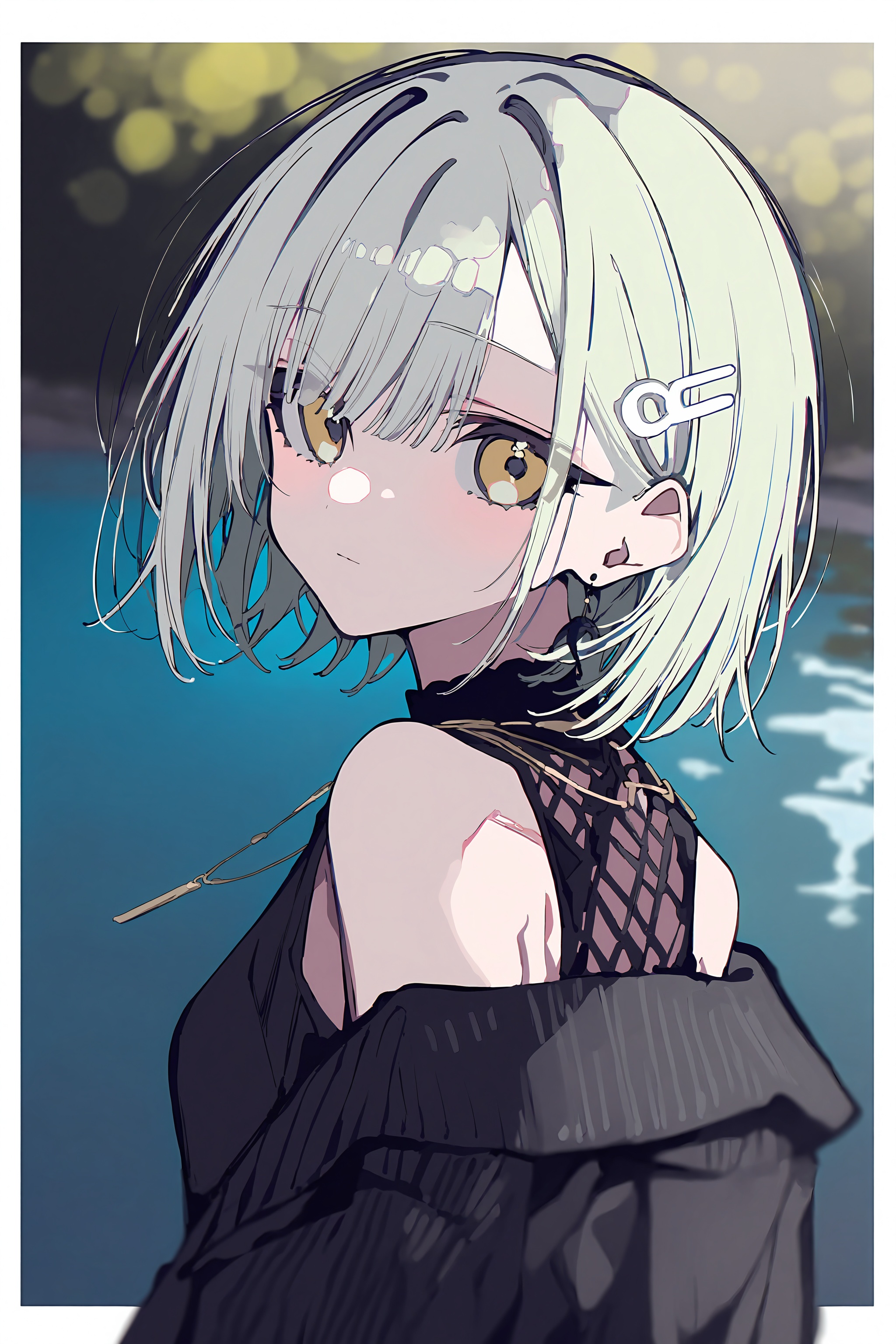 masterpiece,best quality,newest,absurdres,highres,safe,1girl,solo,petite,wakaba mutsumi,green hair,yellow eyes,white hairclip,(depth of field:2),blurry,border,outside_border,from_side,(bokeh:1.2),water,lake,upper_body,dappled sunlight,looking_to_the_side,bare shoulders,jewelry,necklace,earrings,expressionless,looking_afar,<lora:Mochi_style_v1-000072:0.85>,