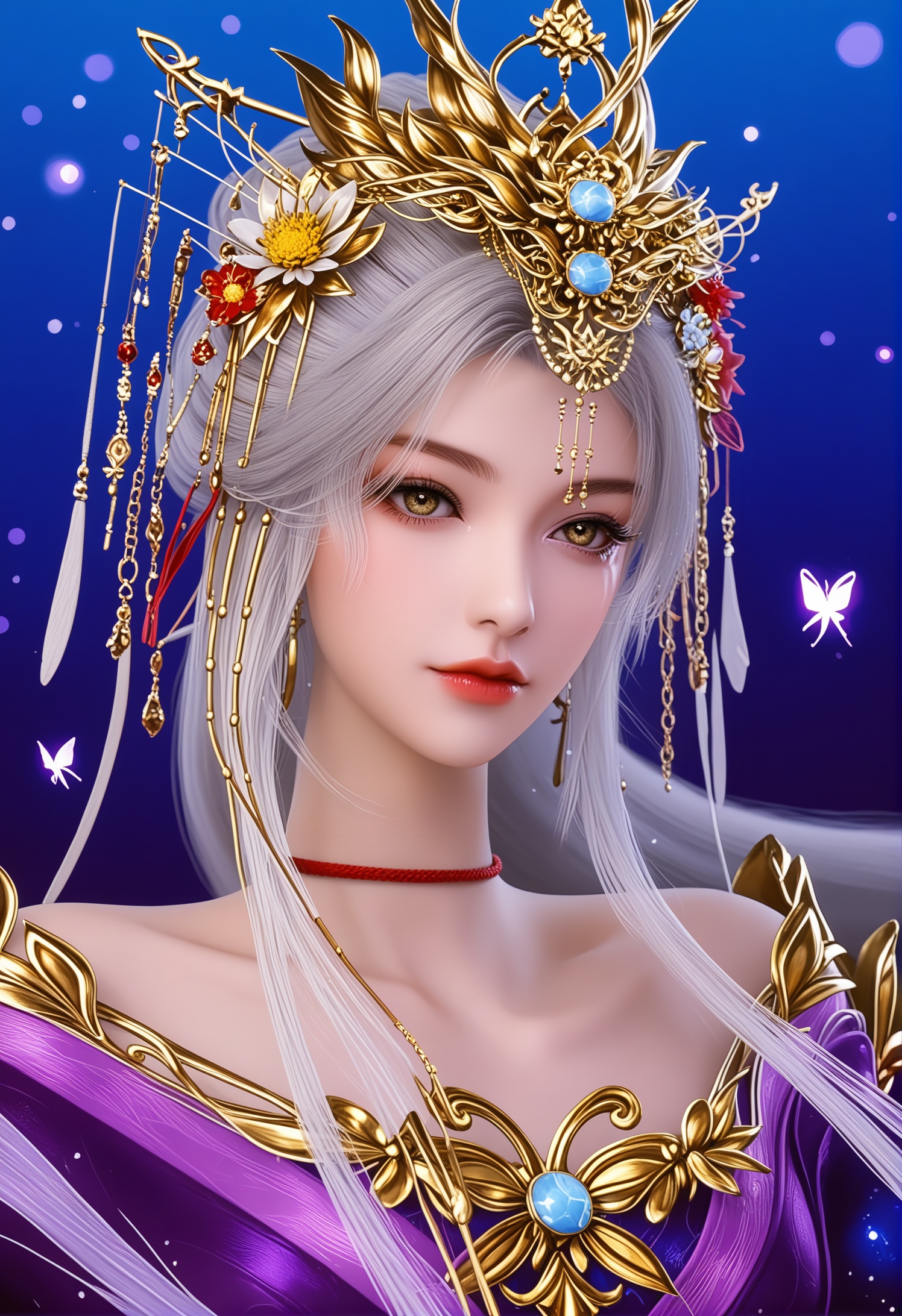 score_9,score_8_up,score_7_up,1girl,solo,realistic,upper_body,looking at viewer,pale skin,oil,(mature face:1.1),1girl,solo,dress,chinese clothes,long dress,purple dress,detached sleeves,patterned,butterfly print,print dress,pink ribbon,starry sky print,galaxy,constellation print,animal print,bird print,fish print,flower,floral print,white robe,wide sleeves,blue gemstone,shawl,red ribbon,ribbon,yellow flower,red flower,purple kimono,long sleeves,high heels,white flower,realistic,jewelry,tiara,crown,crystal,gold,chain,beads,choker,necklace,hair ornament,hair stick,hair flower,hair ribbon,armor,gold chain,bead necklace,earrings,glowing butterfly,yellow butterfly,tassel hair ornament,red choker,gem,red gemstone,purple gemstone,pink gemstone,pearl (gemstone),long hair,white hair,collarbone,pink lips,lipstick,red lips,bare shoulders,blue eyes,yellow eyes,heterochromia,hair bun,grey hair,eyelashes,crescent,brown eyes,bow,blue nails,closed mouth,butterfly,<lora:皮肤凹痕:0.3>,<lora:云望舒-醉蝶花:0.85>,