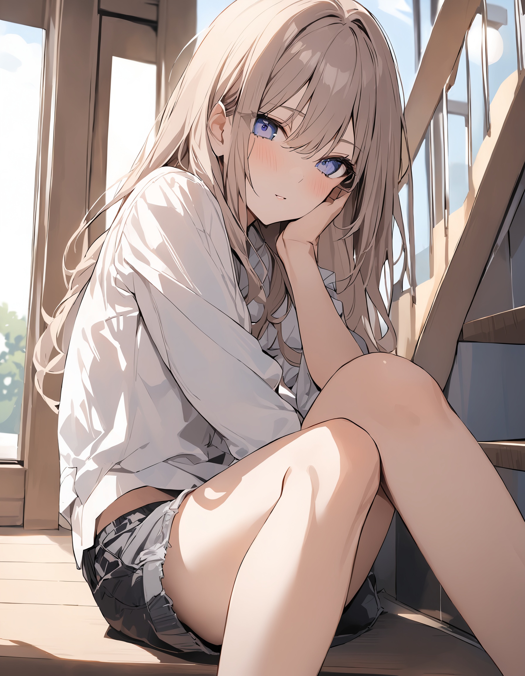 masterpiece,  best quality,  portrait photo of a 18 years old j-pop girl sitting on the stairs on Tensor.Art