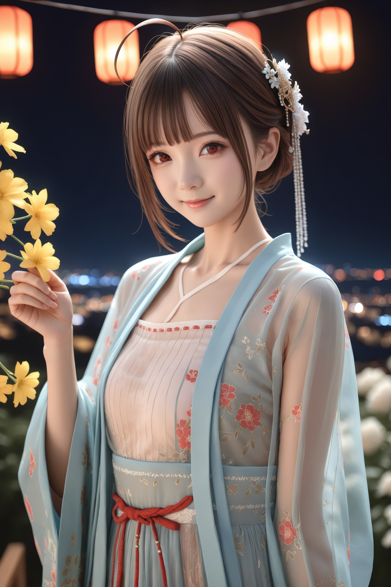 (masterpiece),(best quality),illustration,ultra detailed,hdr,Depth of field,(colorful),night,1girl,solo,red eyes,looking at viewer,hair ornament,short hair,upper body,brown hair,blurry,ahoge,bangs,see-through,depth of field,hanfu,smile,floral print,closed mouth,