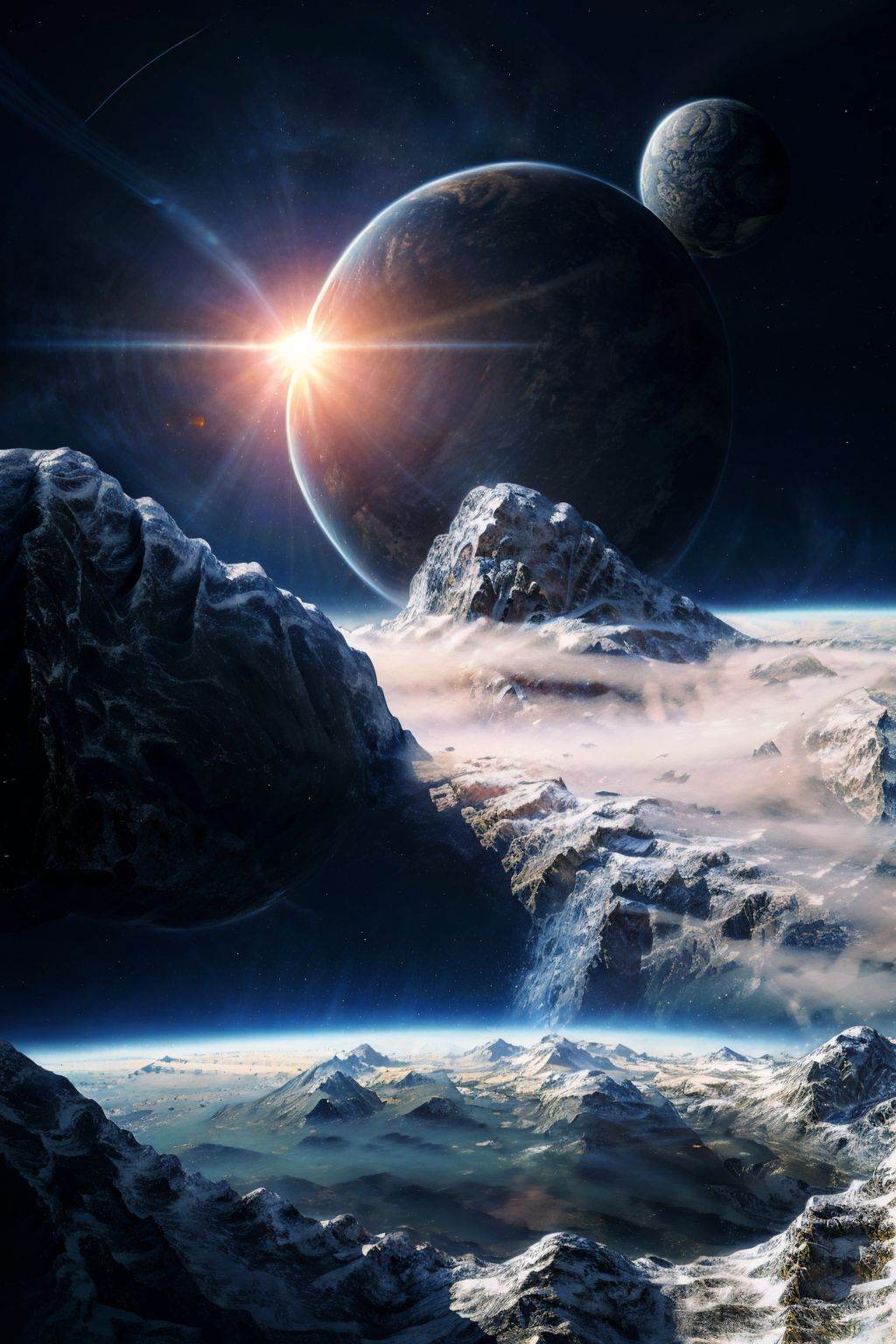(masterpiece, best picture quality:1.3),realistic,planet,scenery,no humans,planet,sky,star \(sky\),mountain,outdoors,space,lens flare,<lora:planet_20240128144308:0.8>,