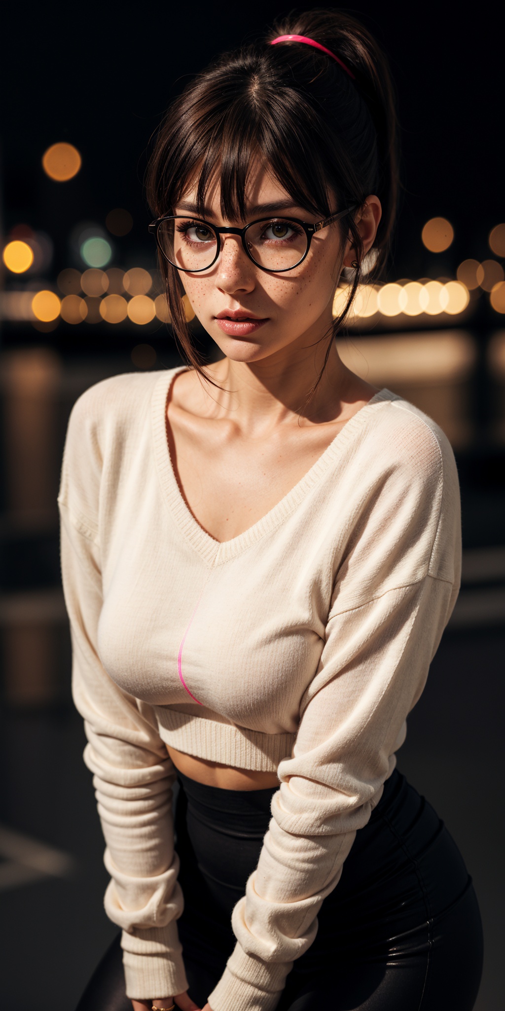 woman,  wearing glasses,  lights bokeh background on Tensor.Art