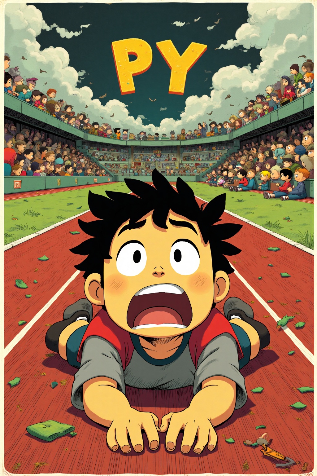 beijihui,A cartoon drawing of a boy laying on a red track. The boy has black hair and white eyes. His mouth is open and his tongue is sticking out. He is wearing a red and gray shirt and black shoes. The track has white lines on it. To the right of the track are a group of people sitting on the grass. The sky above the track is dark blue with white clouds. Above the red track is the word "PY" in yellow letters.
