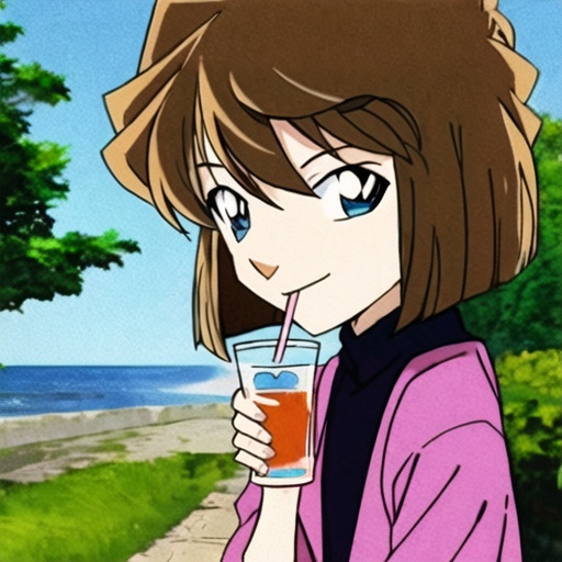 1girl,solo,brown hair,short hair,blue eyes,drinking straw,bangs,looking at viewer,shirt,smile,full_shot,<lora:huiiyuan0.02:1>,