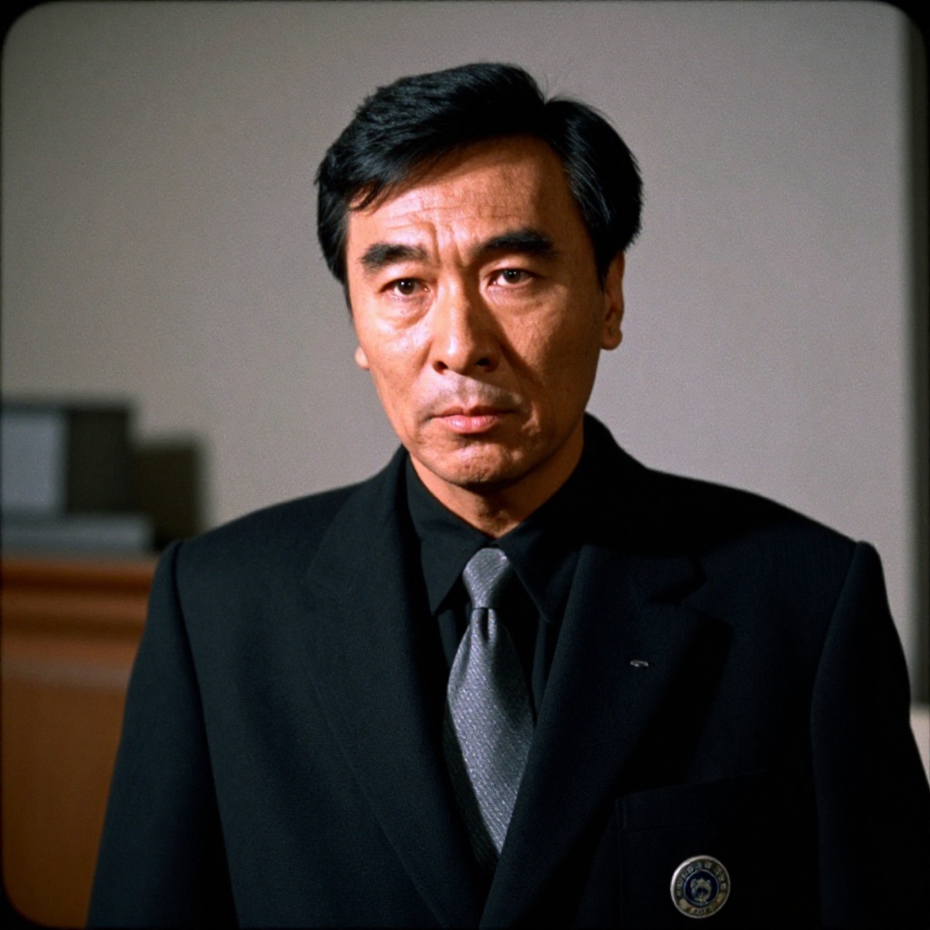 analog film photo of vintage cinematic style,  cinematic technicolor style a Chinese man in a black shirt and tie,  perfec...