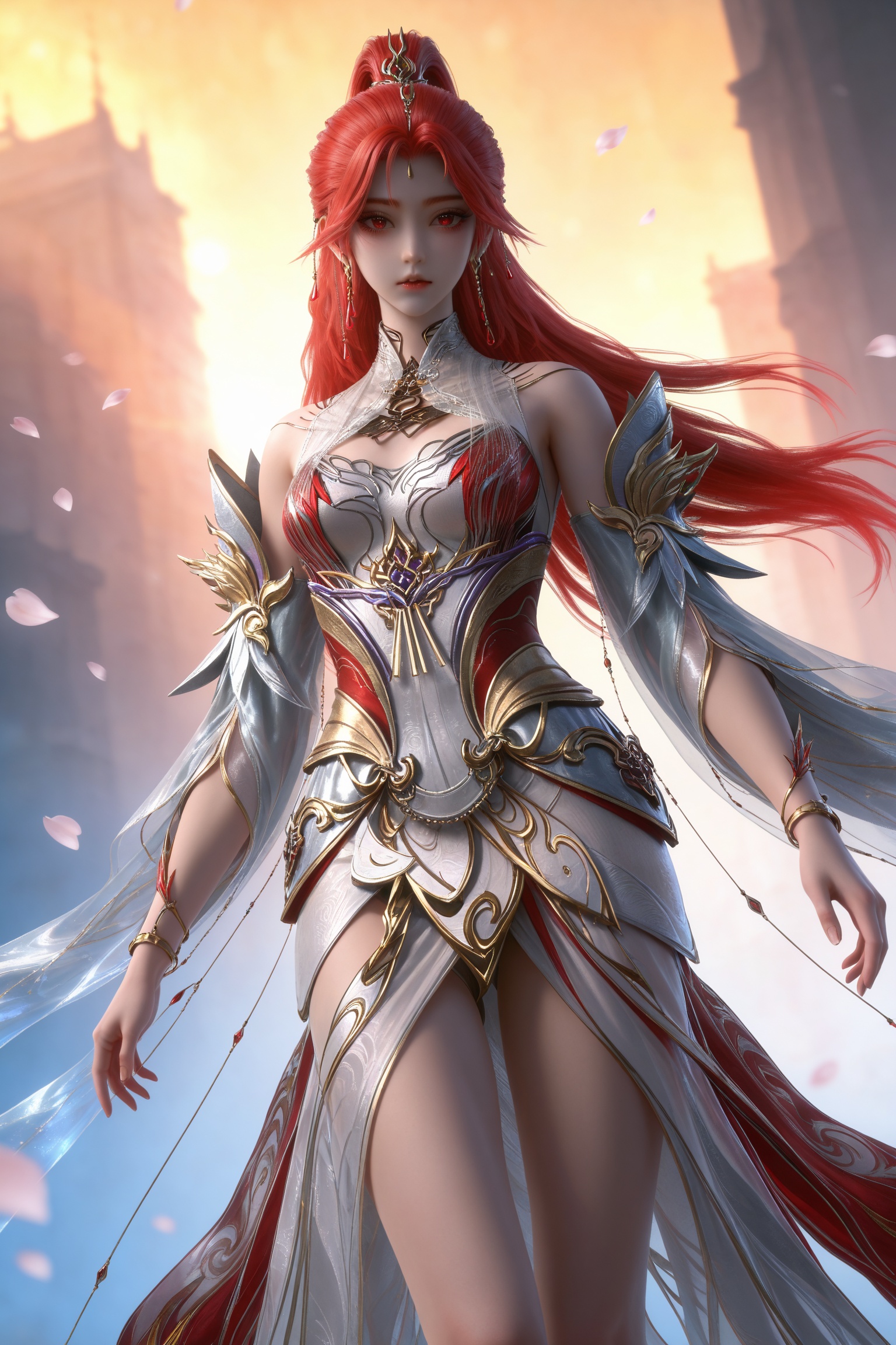 Nai3 style,realistic style photo,outstanding style,Use soft lighting to cast gentle shadows on the subject,adding a touch of dimension to your images without compromising details,whirls of vapor,(Anime:1.1),soft neon light,ethereal ambiance,delicate details,magical atmosphere,concept art,highly detailed,ultra-high resolution,32K UHD,sharp focus,best-quality,masterpiece,golden hour,unconventional supreme masterpiece,masterful details,temperate atmosphere,with a high-end texture,in the style of fashion photography,magazine style,Dynamic Angle,Dynamic posture,magazine style,Dynamic Angle,Dynamic posture,(cowboy_shot:1.2),eye trail,depth of field,cinematic lighting,lens flare,(artist:quasarcake:0.8),close-up,(artist:quasarcake:0.8),extreme aesthetic,(wlop:0.6),(honjou raita,lack,rella,wanke:0.5),masterpiece,best quality,good quality,newest,year 2025,very aesthetic,absurdres,Visual impact,A shot with tension,ultra-high resolution,32K UHD,sharp focus,best-quality,masterpiece,Emotionalization,unconventional supreme masterpiece,masterful details,temperate atmosphere,with a high-end texture,in the style of fashion photography,(Visual impact:1.2),giving the poster a dynamic and visually striking appearance,<lora:百炼成神-火允儿IL:0.8>,1girl,long hair,ponytail,red hair,hair ornament,red eyes,earrings,white dress,bare shoulders,detached sleeves,clothing cutout,red dress,white footwear,, 1girl,solo,upper body,looking at viewer,petals,falling petals,masterpiece,best quality,absurdres,highres,amazing quality,very aesthetic,newest,absurdres,highres,highly detailed,very aesthetic,