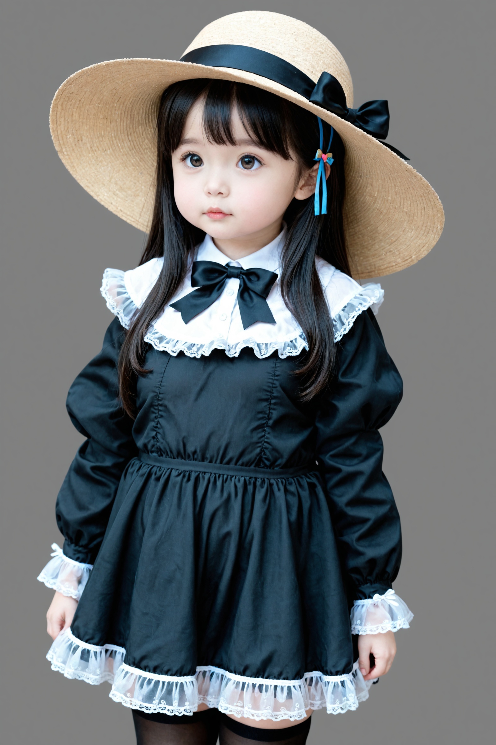 loli,Kindergarten,Transparent Tight,solo,exquisite,upper_body,(child:0.6),6 years old,{{}},{{{{}}}},long hair,hairpin,zettai_ryouiki,masterpiece,best quality,big breasts,black thighhighs,looking_away,head_tilt,facing_away,metal collar,Wide-brimmed hat,daive,narrow waist,solo,ribbon,hair ribbon,wide eyes,closed mouth,thin,<lora:DBloli_V2_1008A>,