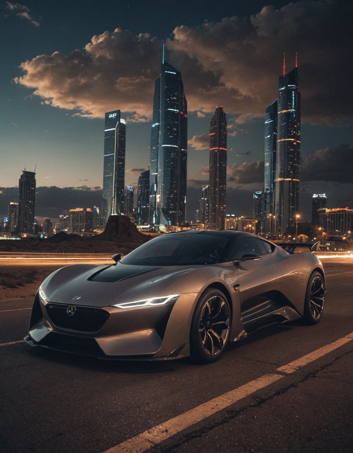 sci-fi, night, cinematic photo, futuristic design of electro car, majestic, desert city, skyscrapers, perfect lighting, clouds, vibrant, film grain