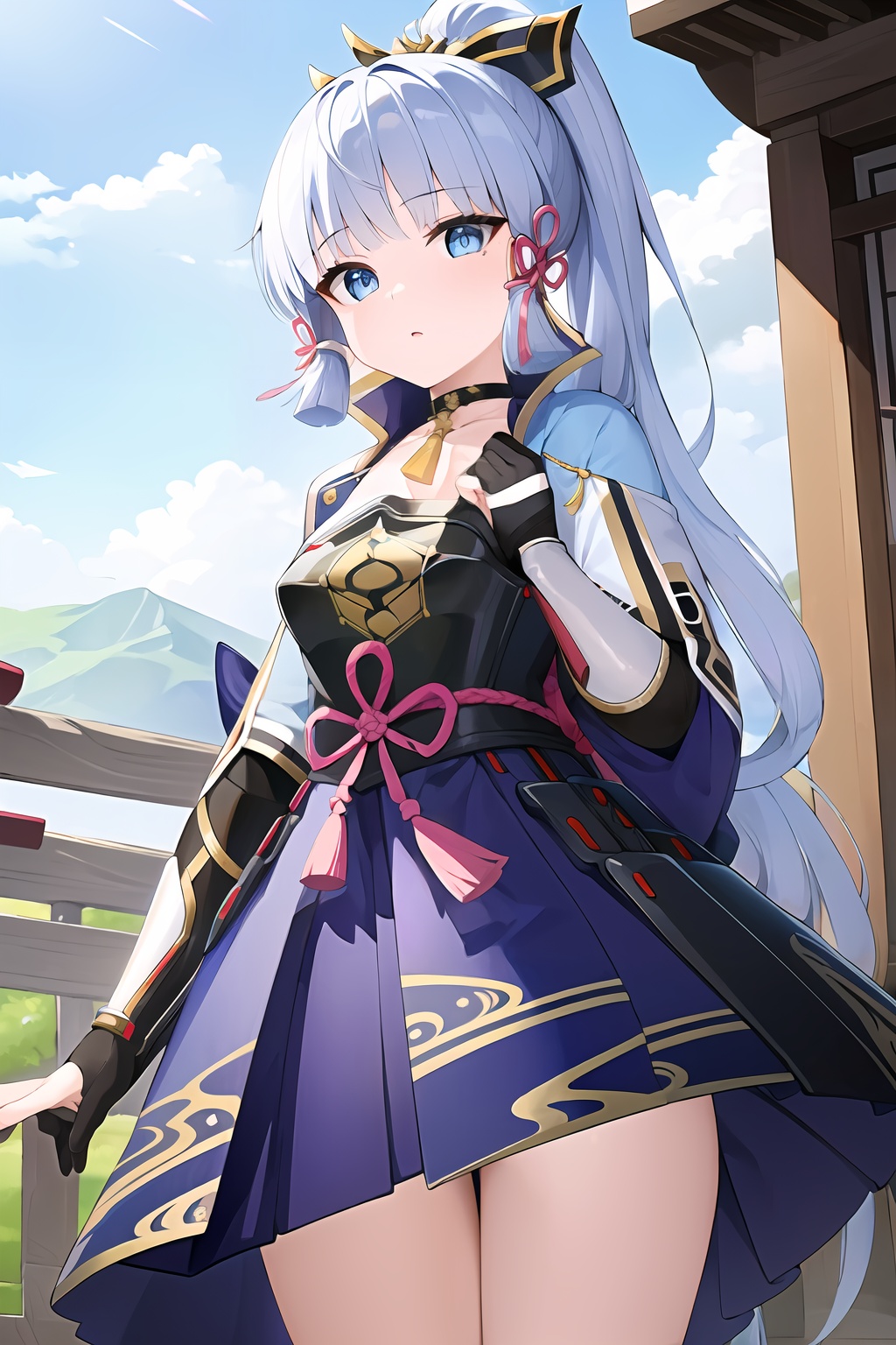 (masterpiece, best quality:1.2),insanely detailed,absurdres,ultra-highres,ultra-detailed,best quality,slender,kawaii,perfect symmetrical face,ultra cute girl,ultra cute face,ultra detailed eyes,ultra cute,ultra beautifu,<lora:kamisato ayaka-000008:1>,kamisato ayaka\(flawless radiance\),kamisato ayaka,1girl,solo,blue hair,grey eyes,breasts,partially fingerless gloves,tabi,long hair,ponytail,breastplate,hair ribbon,ribbon,hair ornament,choker,mole under eye,japanese clothes,vambraces,armored dress,tassel,sandals,japanese armor,bare legs,outdoors,lower body,standing,:o,(from below),