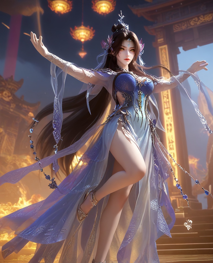 (oriental architecture, elegant decor, sophisticated style:1.1),(Arms extended above her head, legs spread,:1.1),Through a fish-eye lens, warping the periphery for a unique perspective,(large breasts:1.2),shoes,<lora:XL16云深不知梦羲和四象归一:0.95>,miss xihe,blue-violet to white ombre gown,yellow eyes,forehead pendan,black hair,traditional chinese updo with long front strands,absurdly long hair,hair ornament,jewelry,elbow gloves,, score_9,score_8_up,score_7_up,score_6_up,score_5_up,score_4_up,3d rendering,tag1,tag2, Cinematic Lighting,backlighting,