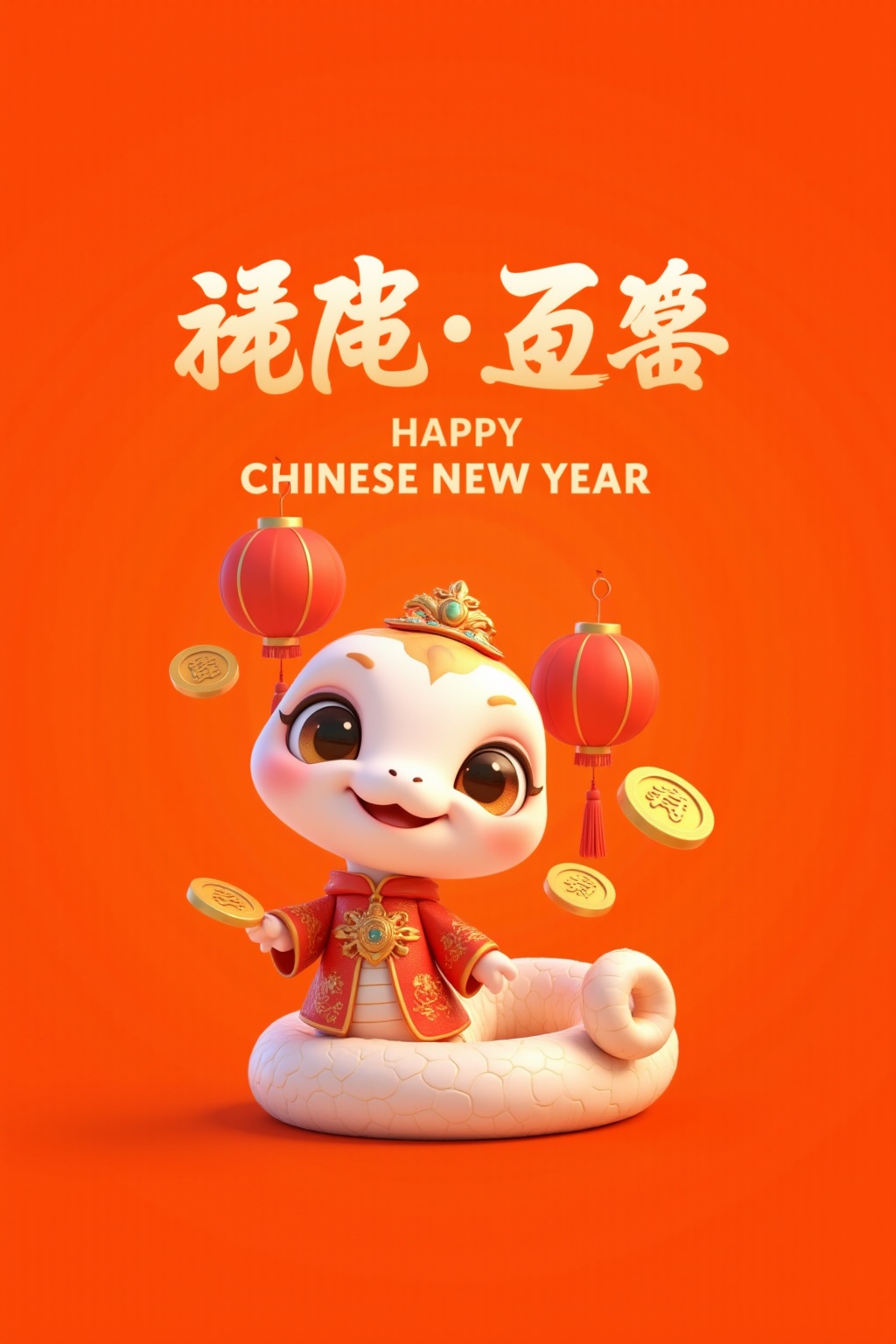 1snake,This is a digital CGI advertisement for the Chinese New Year, featuring a cute, white, cartoonish snake with large, expressive eyes and a playful expression. The snake wears traditional red Chinese attire with intricate patterns and a golden crown. Red paper lanterns and gold coins float around, enhancing the festive atmosphere. The background is a warm, gradient orange, and the text in the top half is in Chinese characters, with English text underneath. <lora:IP-蛇宝宝FLUX:0.8>