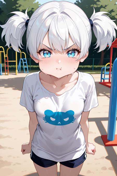 masterpiece, high resolution, 8k wallpaper, ultra-detailed illustration, delicately detailed background, magnificent details, exquisite details,1girl, solo, small breasts, short hair, twintails, white hair, blue eyes, cute, pouting, looking at viewer, teary eyes,oversized shirt, shorts, short sleeves, arms by side, fists, angry, puffy cheeks, light blush,outdoors, playground, cute,